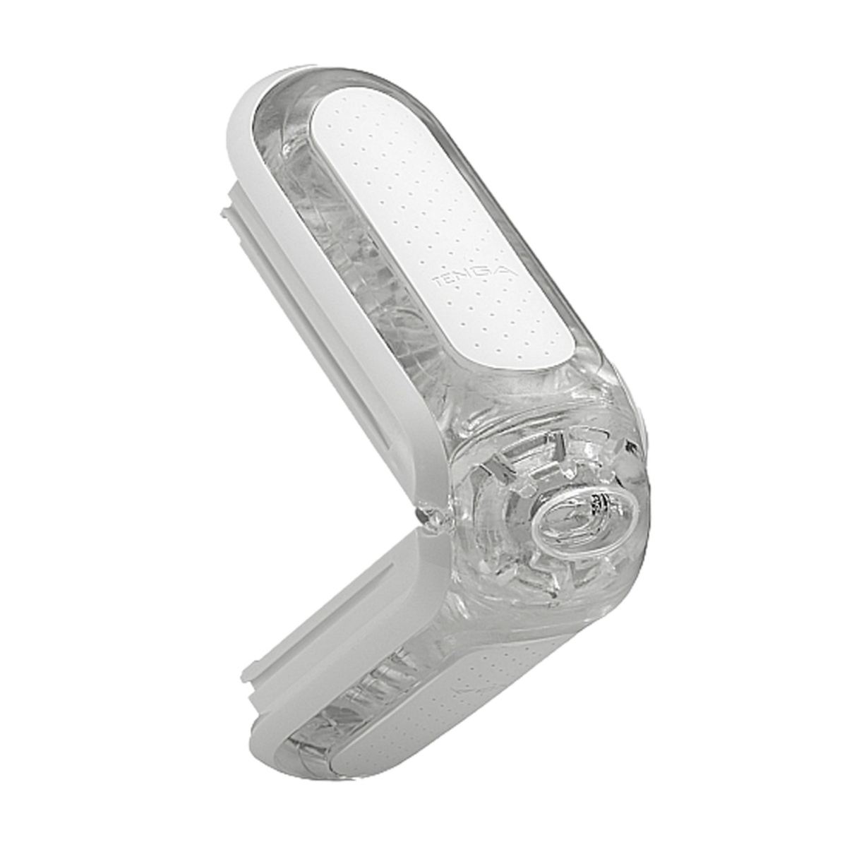 Przezroczysty i biały produkt Tenga. Ma zakrzywioną konstrukcję z białą górą i dołem. Widoczne jest logo Tenga.