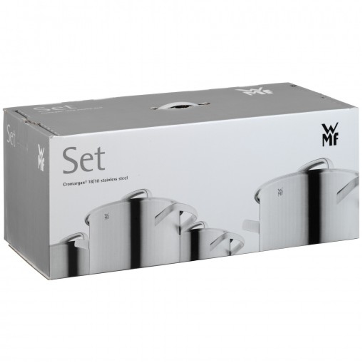 Pudełko z napisem 'Set' z garnkami ze stali nierdzewnej. Pudełko jest białe z logo WMF.