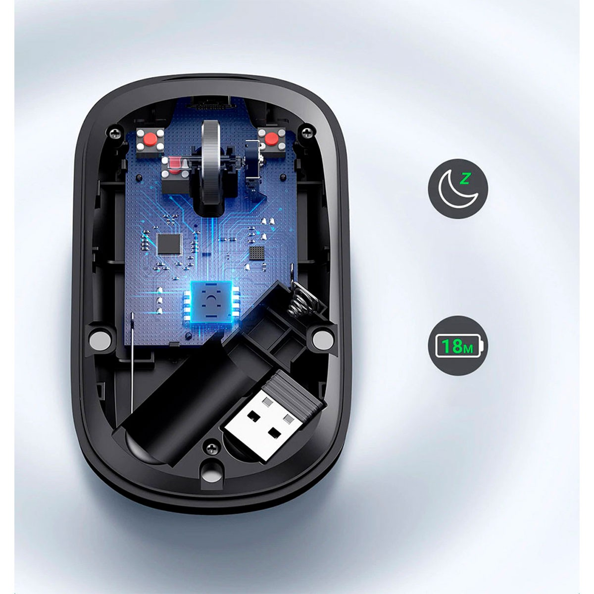 Zerlegte schwarze Maus, die interne Komponenten zeigt. Blaue Leiterplatte, USB-Empfänger, Batteriesymbol und Energiesparmodus-Symbol sind sichtbar.