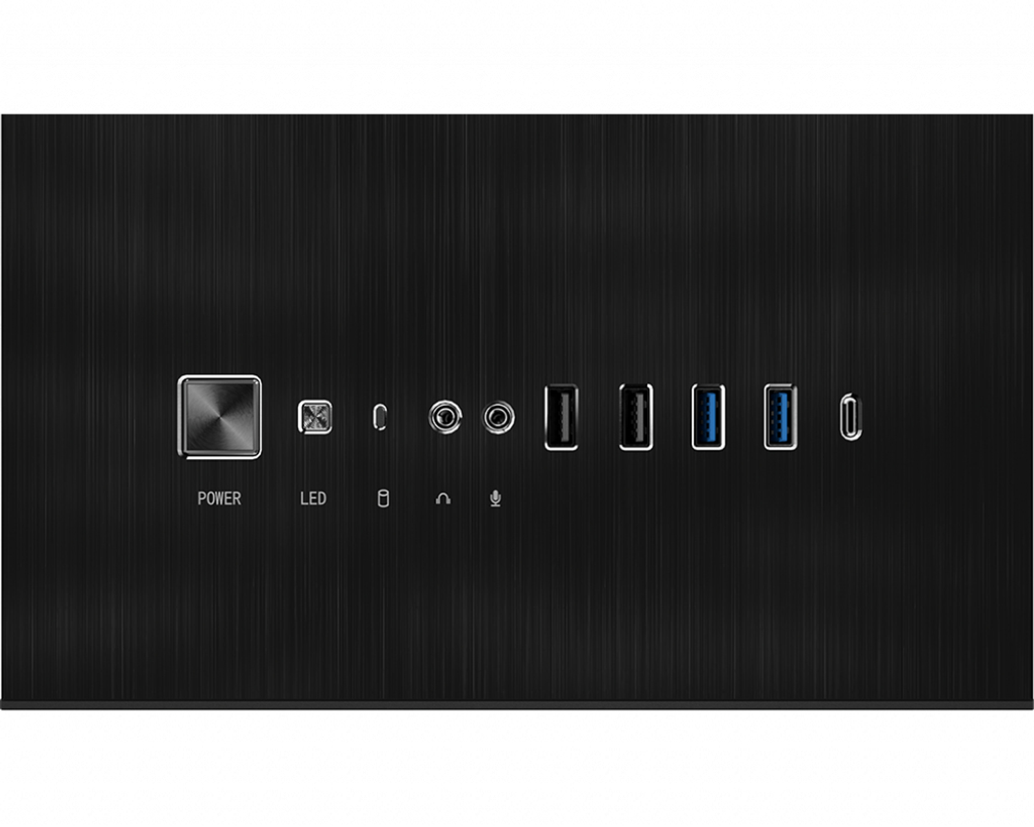 Zbliżenie czarnego panelu przedniego obudowy komputera. Posiada przycisk zasilania, diodę LED, gniazda audio, porty USB i przycisk resetowania.