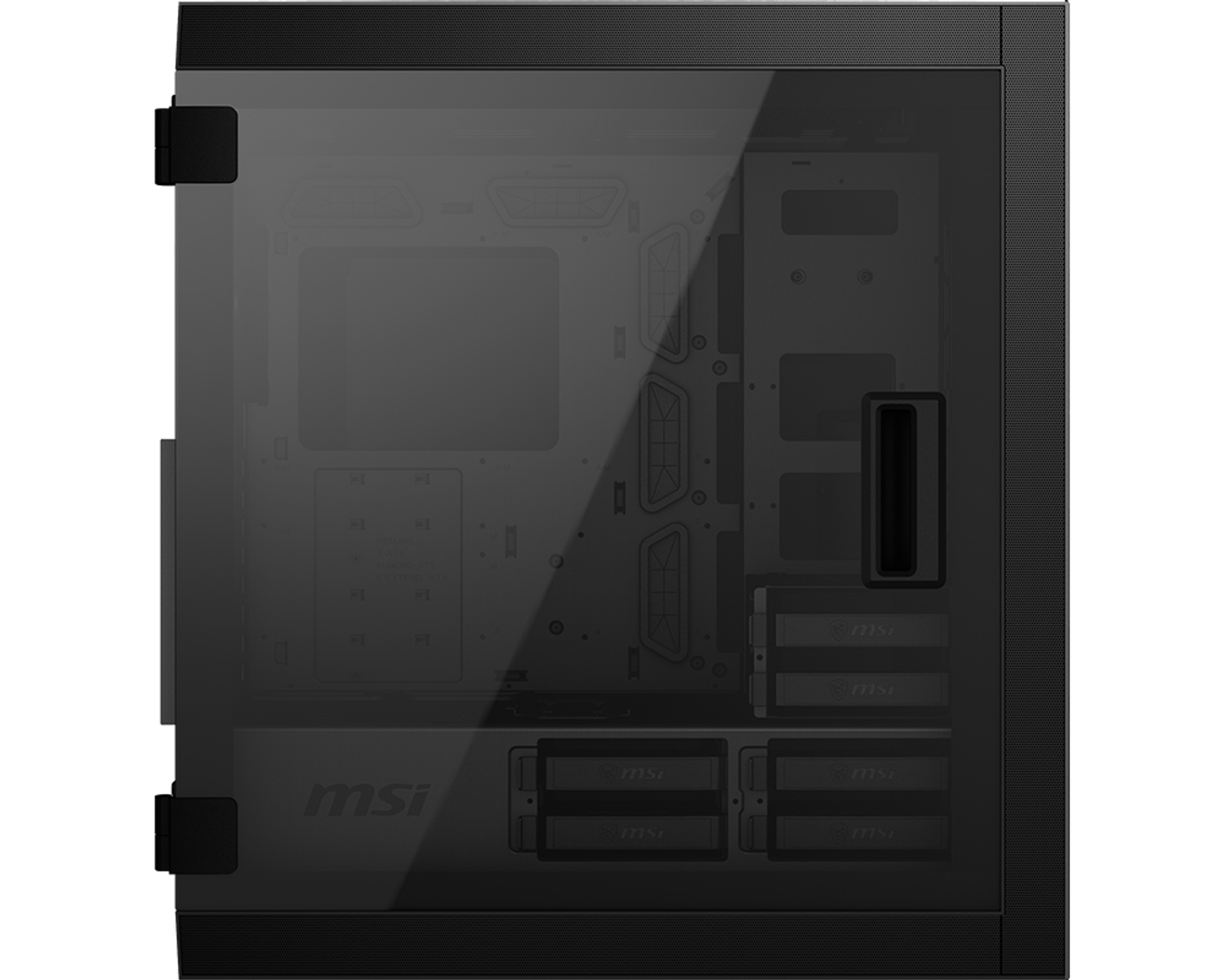 Czarna obudowa komputera ze szklanym panelem. Widoczne logo MSI. Wewnętrzne komponenty częściowo widoczne przez szkło.