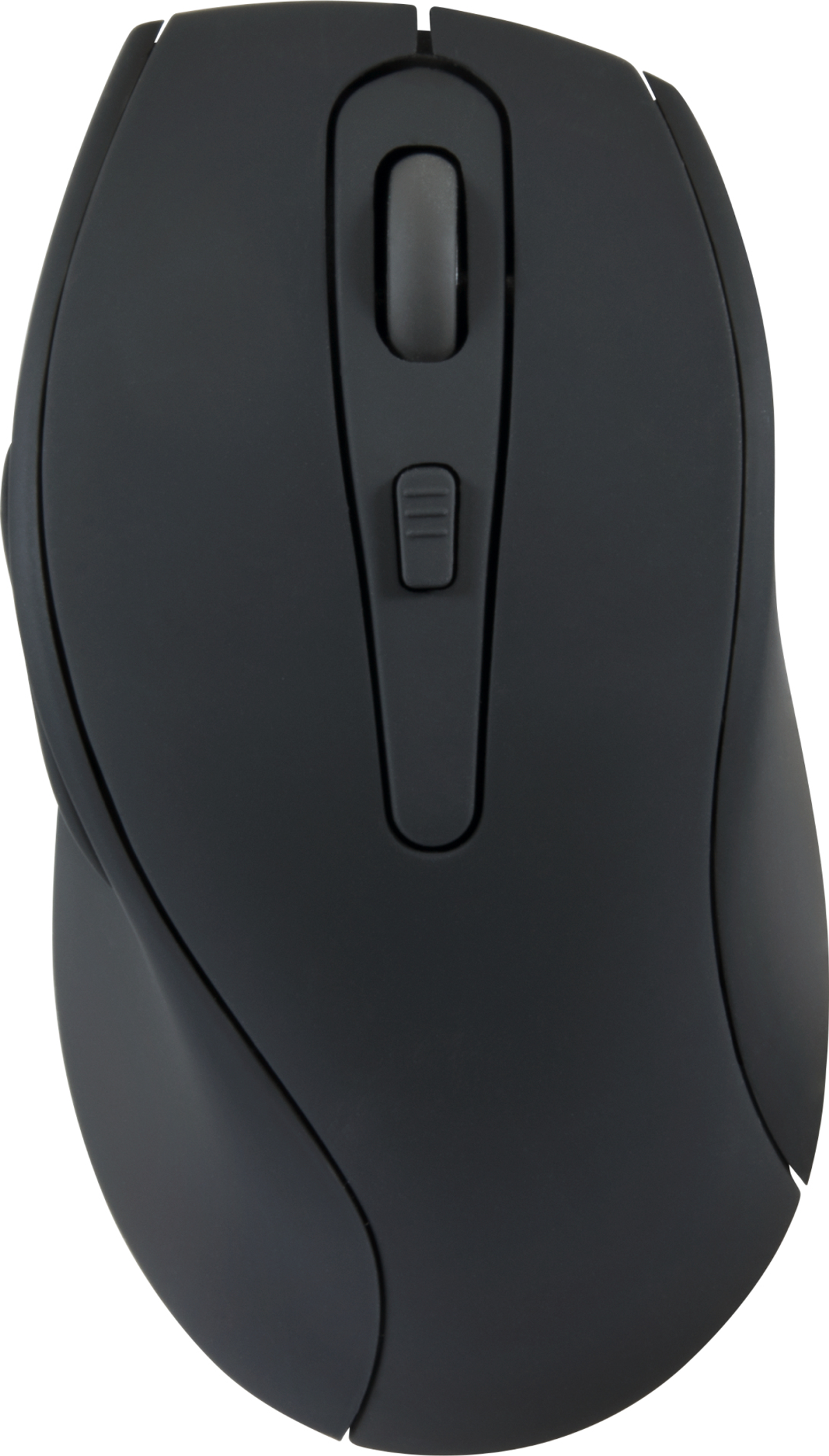 A dark gray computer mouse with a scroll wheel and buttons. It is viewed from above, on a white background.