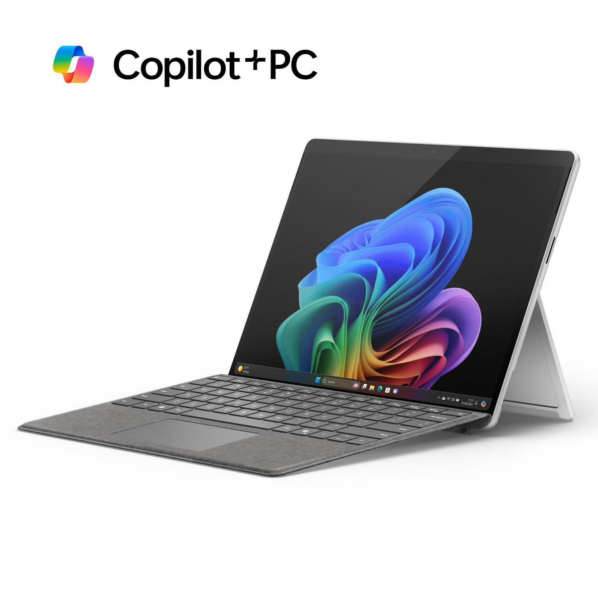 Wyświetlany jest laptop z kolorową tapetą z wirami. Klawiatura jest szara, a ekran pochylony. Logo 'Copilot+PC' znajduje się w lewym górnym rogu.