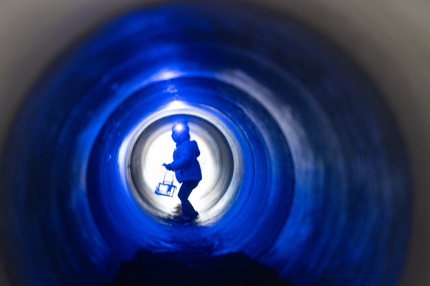 Dziecko w niebieskiej kurtce i lampą czołową idzie przez niebieski tunel, trzymając małą klatkę. Jasne światło na końcu.