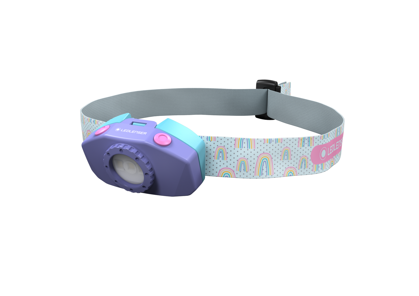 Czołówka z fioletową i cyjanową obudową, różowymi przyciskami i paskiem w tęczowy wzór. Widoczna jest nazwa marki LEDLENSER.