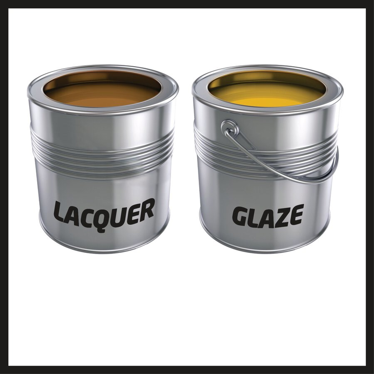 Dwa srebrne pojemniki z farbą z napisami 'LACQUER' i 'GLAZE'. Jeden ma brązowy płyn, drugi żółty. Oba są otwarte, na białym tle.