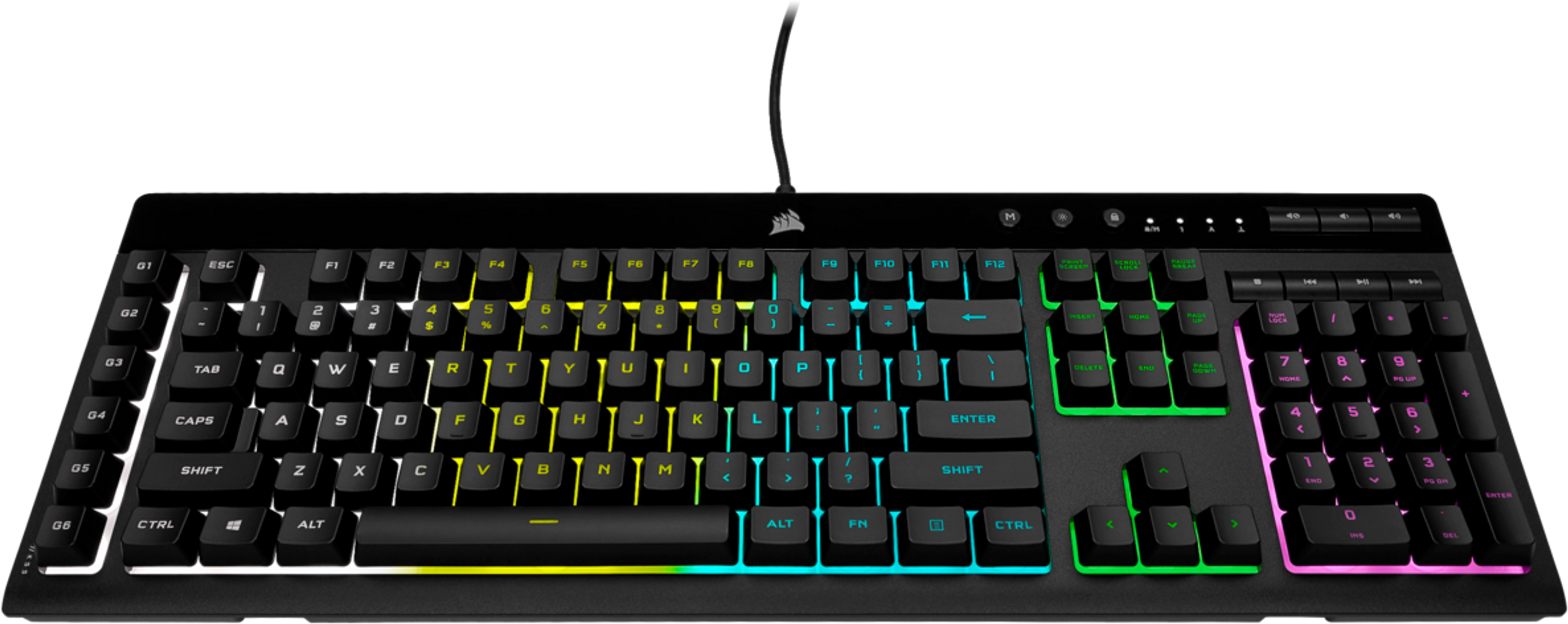 Czarna klawiatura Corsair z kolorowymi podświetlanymi klawiszami. Widoczne cyfry, litery i klawisze funkcyjne, z logo u góry.