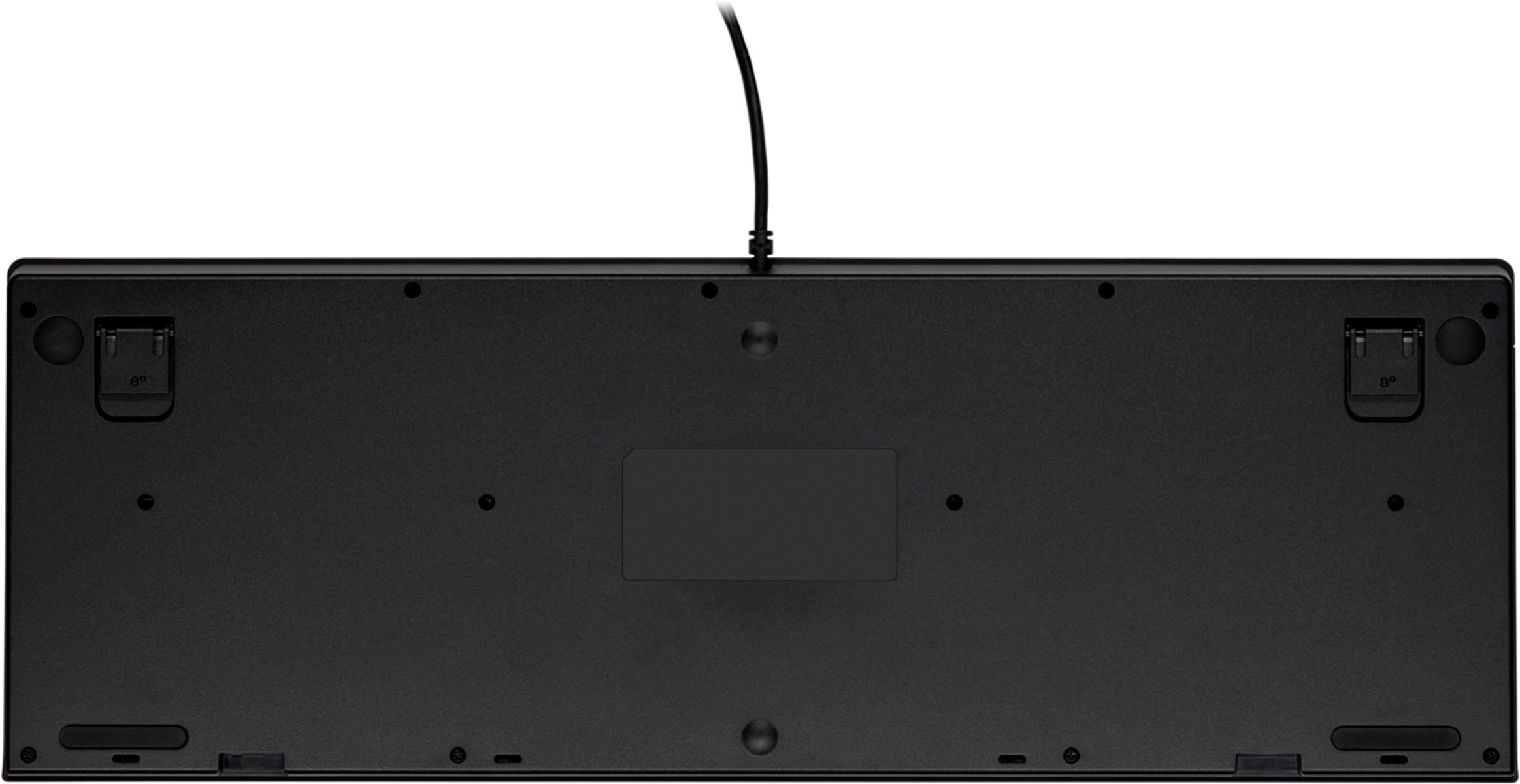 Spód czarnej klawiatury z kablem. Zawiera nóżki, śruby i prostokątny obszar.