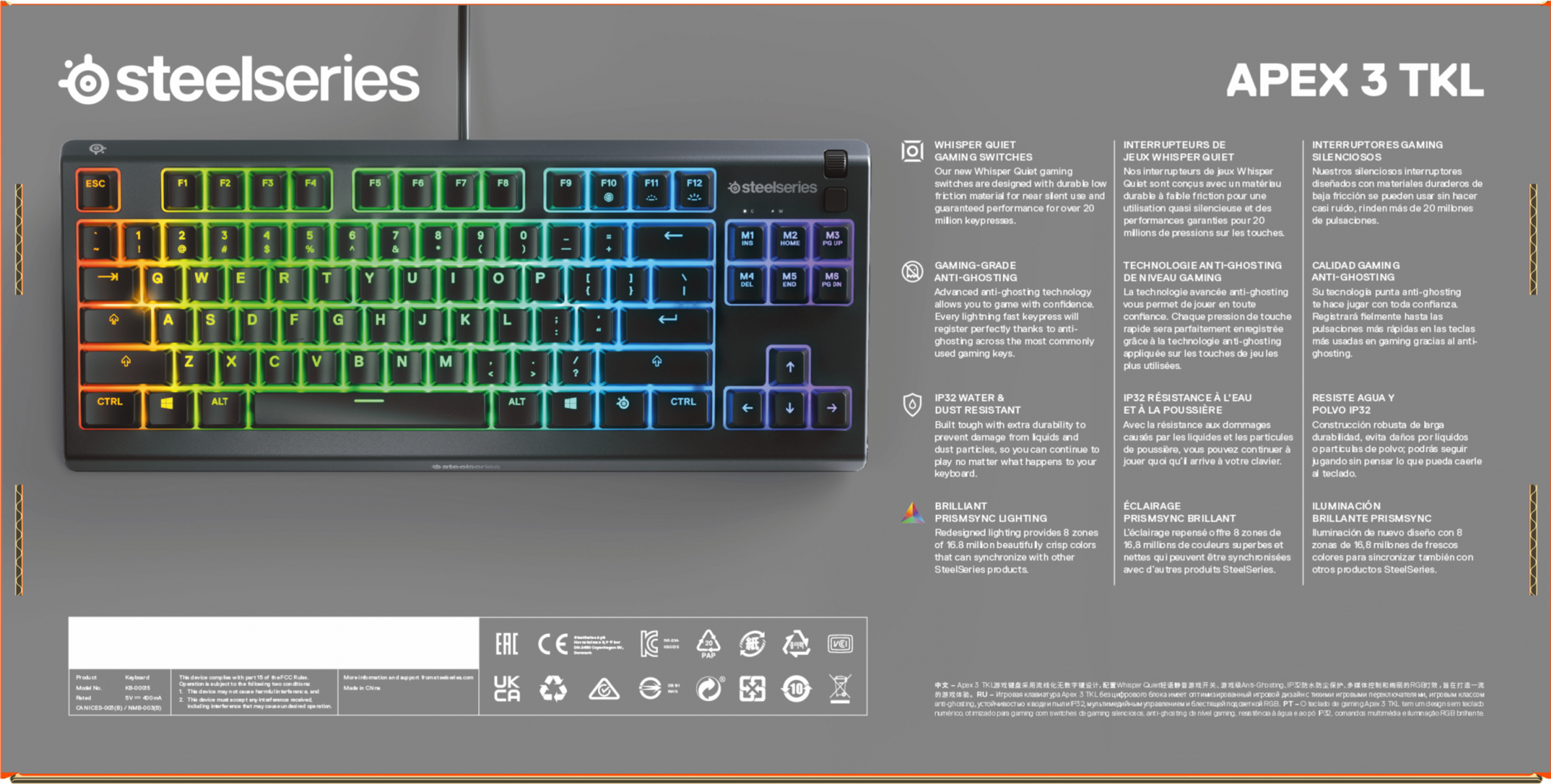 Tastiera nera SteelSeries Apex 3 TKL con tasti colorati. La tastiera ha un logo e dettagli del prodotto.