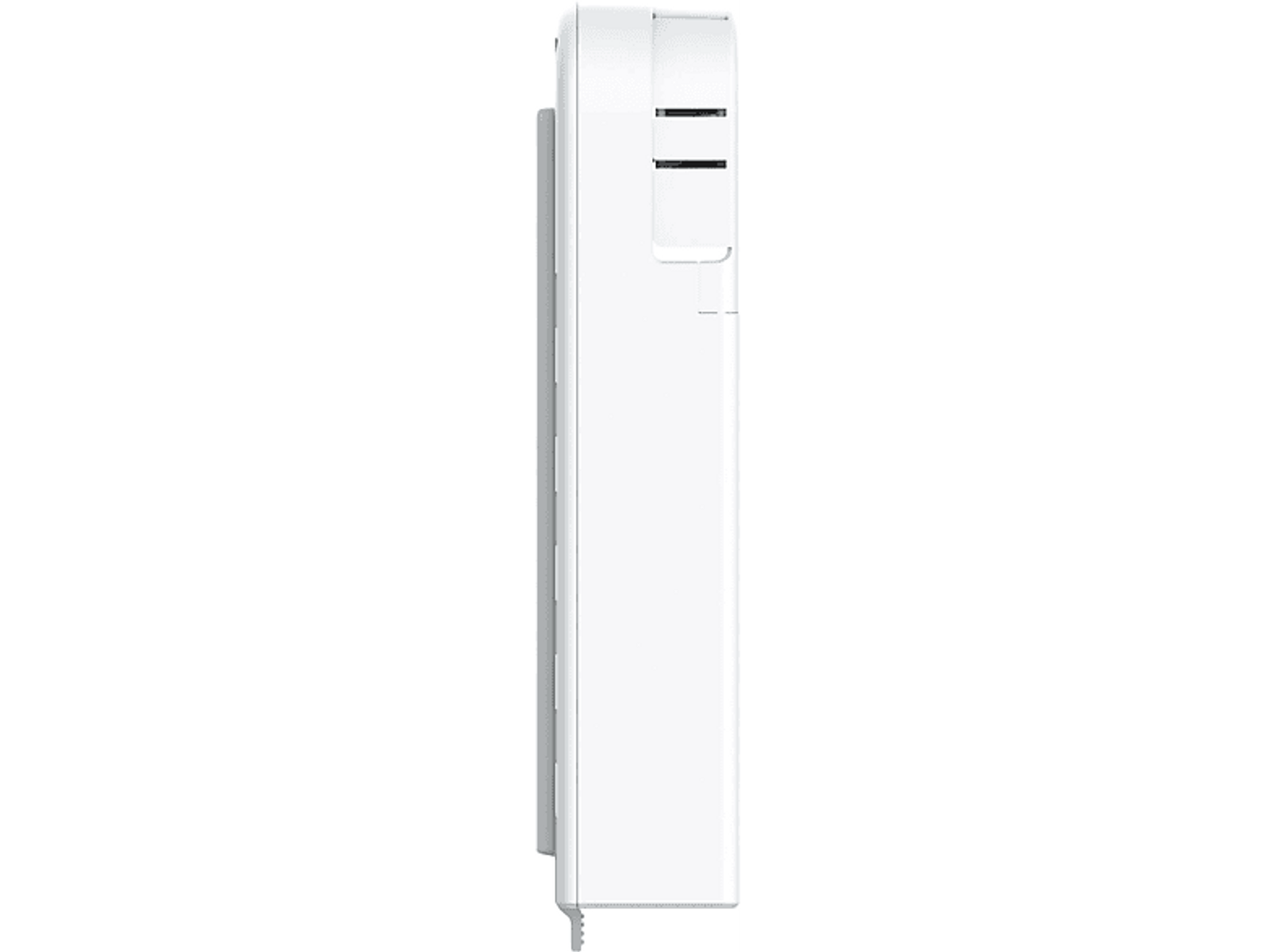 Białe prostokątne urządzenie z widokiem z boku. Ma górną część z dwiema ciemnymi liniami i małymi detalami.