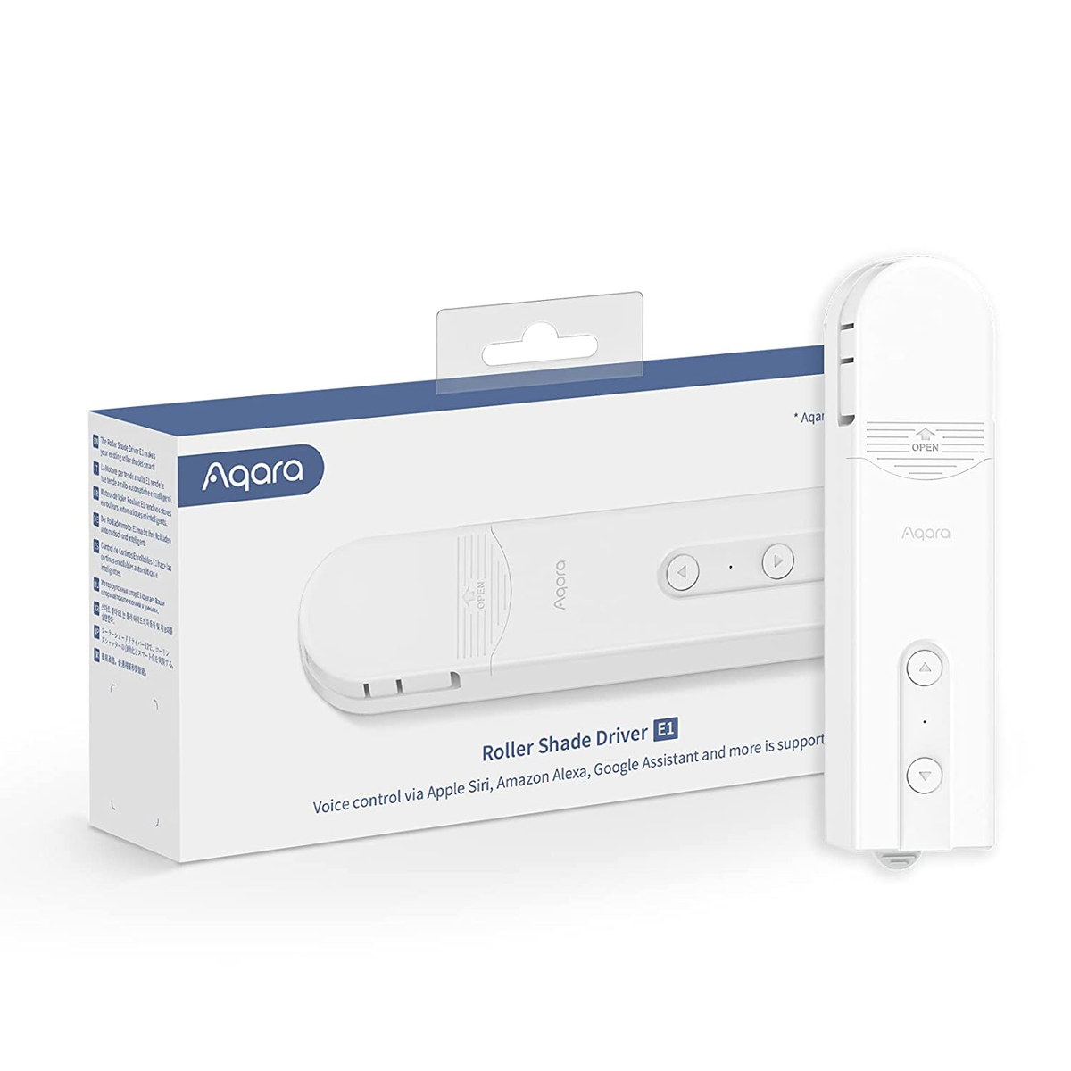 Biały Roller Shade Driver E1 z pudełkiem. Na pudełku napis Aqara i nazwa urządzenia. Urządzenie posiada przyciski góra/dół.