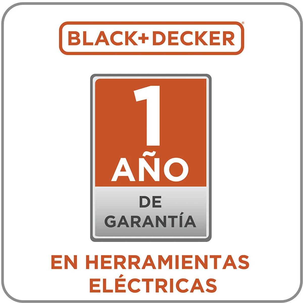 Logo Black+Decker. Kwadratowa grafika z pomarańczowym tłem przedstawia liczbę '1' i 'AÑO'. Poniżej 'DE GARANTÍA'. Tekst 'EN HERRAMIENTAS ELÉCTRICAS'.