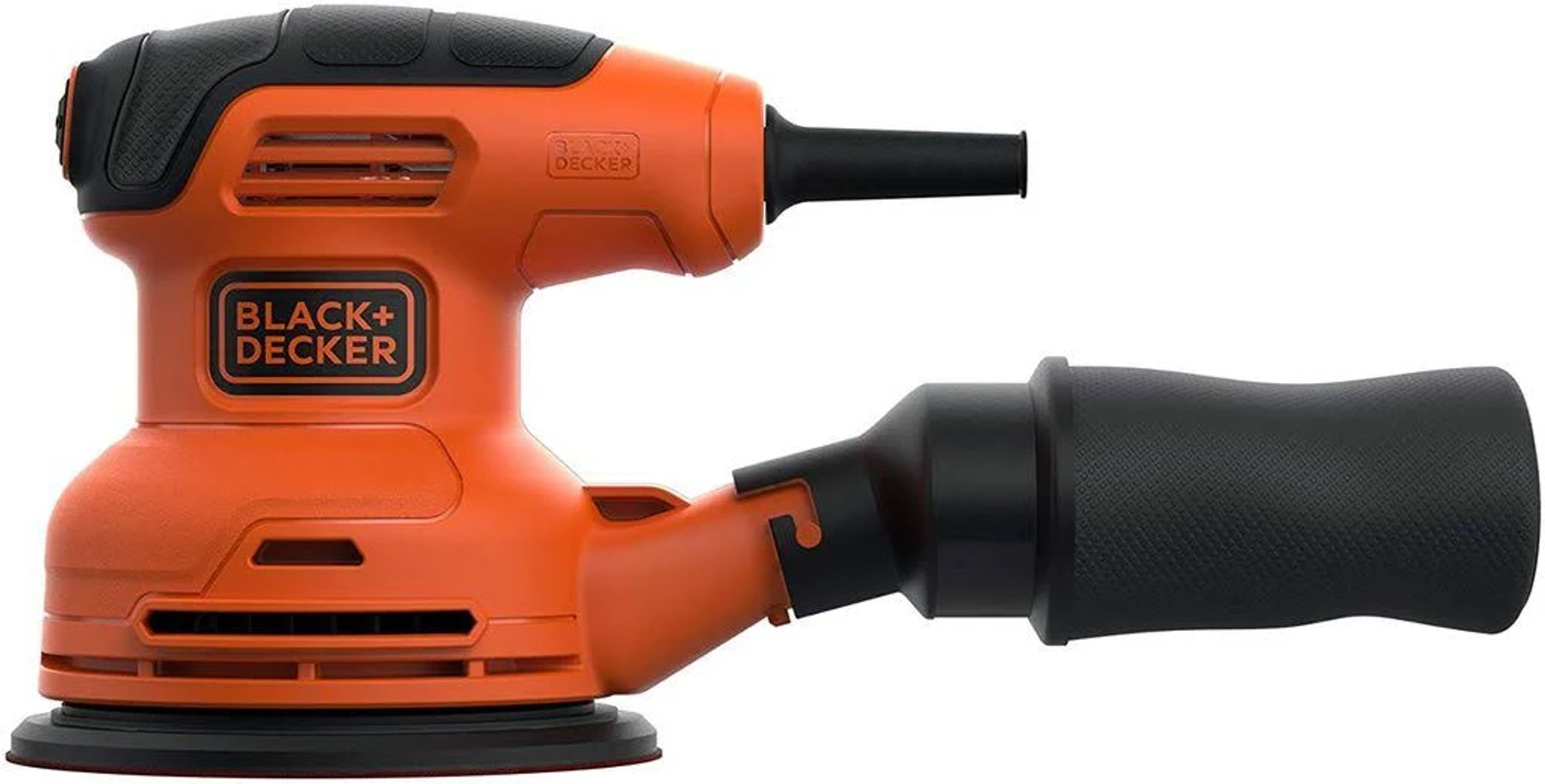Pomarańczowa i czarna szlifierka Black+Decker. Ma uchwyt, worek do zbierania pyłu i logo marki.