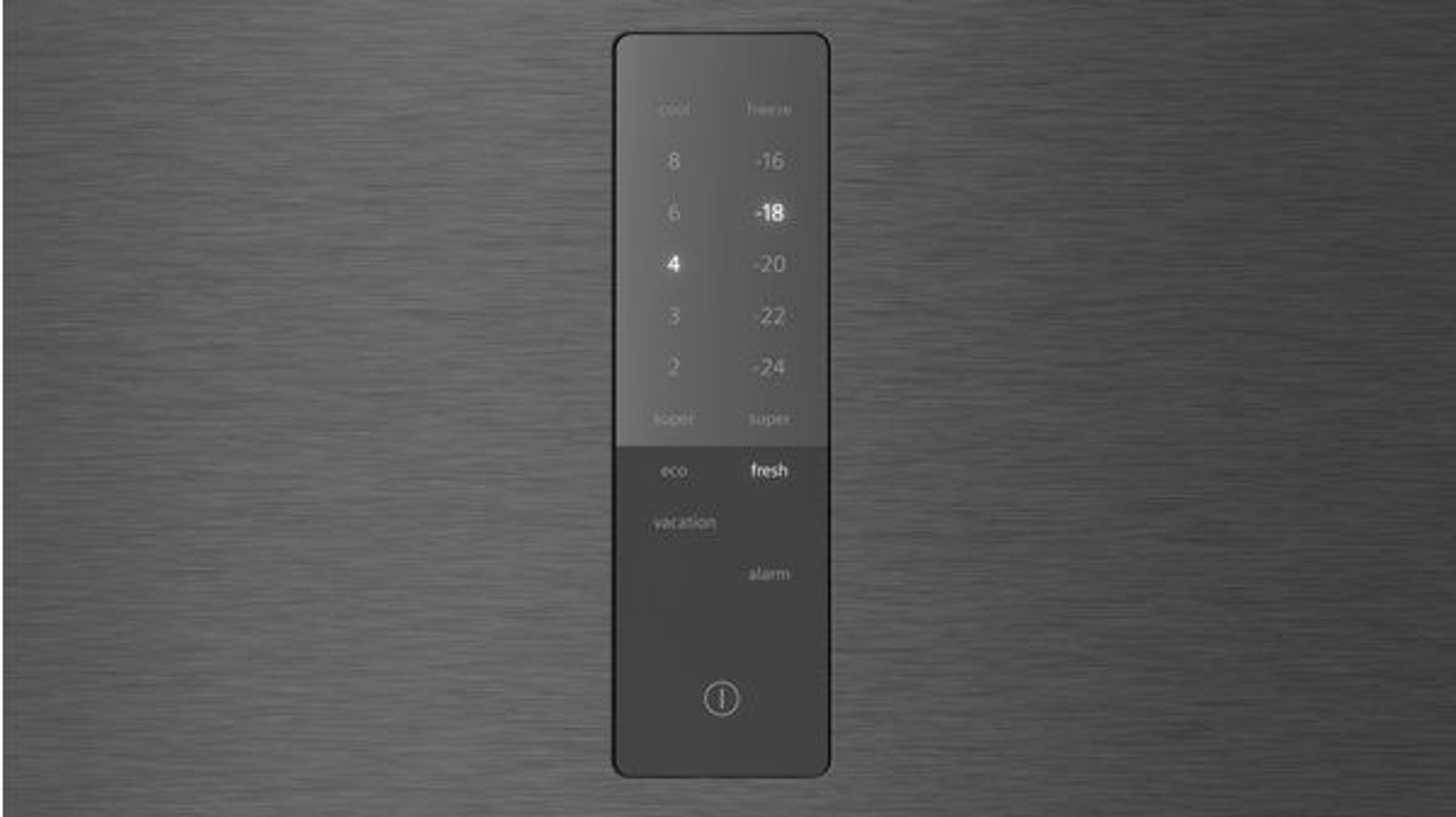 Ein Kühlschrank-Bedienfeld mit Temperatureinstellungen wird angezeigt. Die Funktion 'fresh' ist ausgewählt, und die Temperatur ist auf 4 Grad eingestellt.