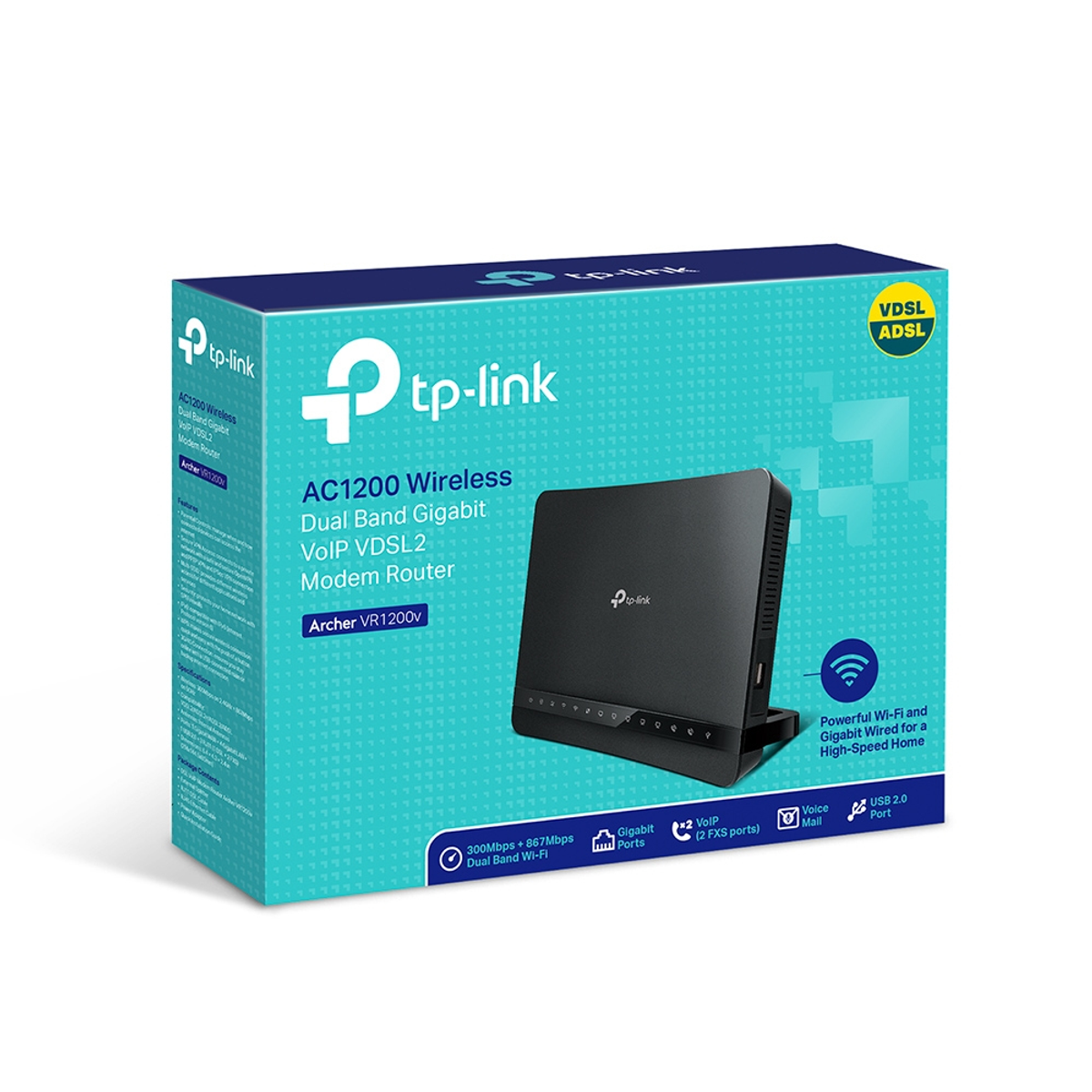 Ein TP-Link Archer VR1200v Modem-Router-Karton. Er ist schwarz mit weißem Logo und Produktinformationen.