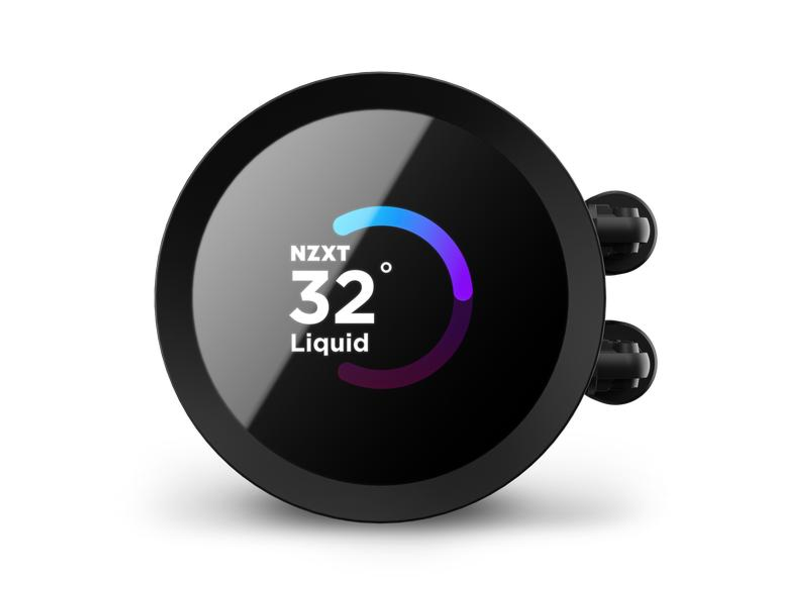 A round black NZXT liquid cooler shows 32 degrees. It has a blue-purple arc and mounting brackets on the right.