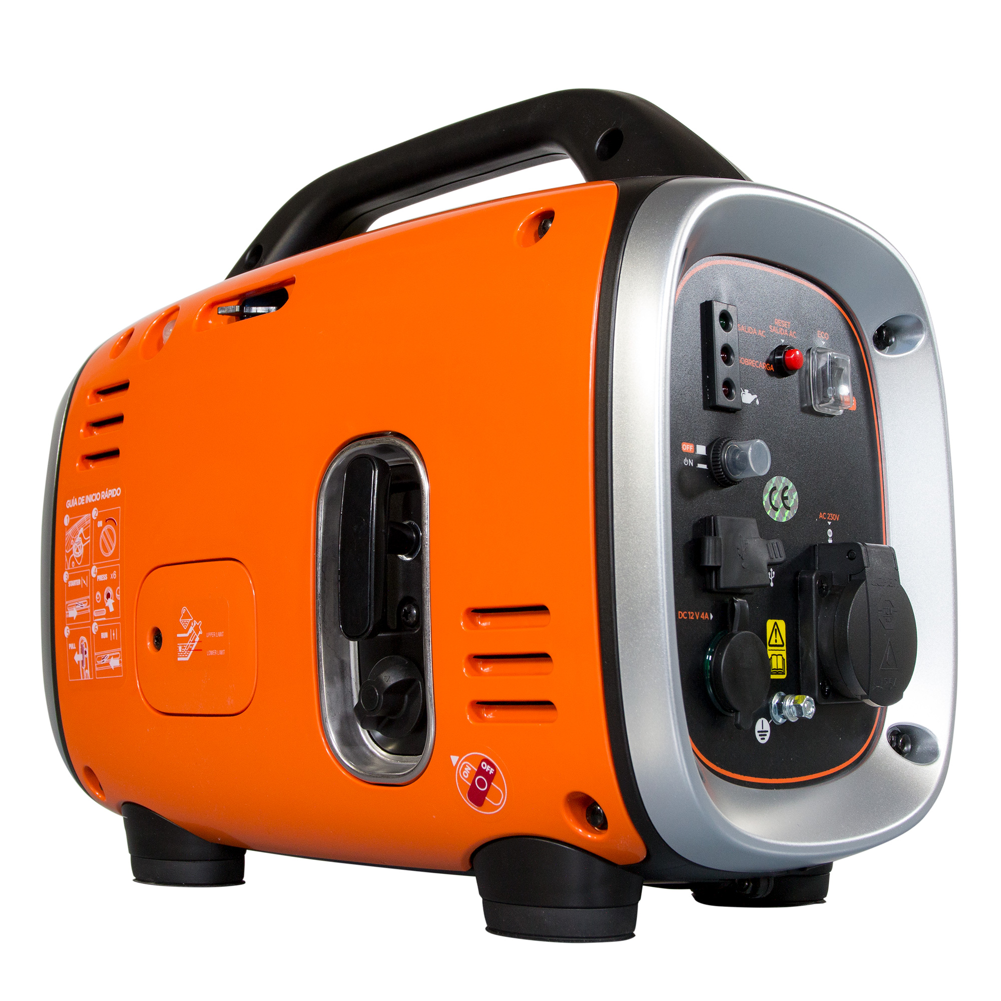 Un generador portátil naranja y plateado con un asa negra y varios elementos del panel de control.