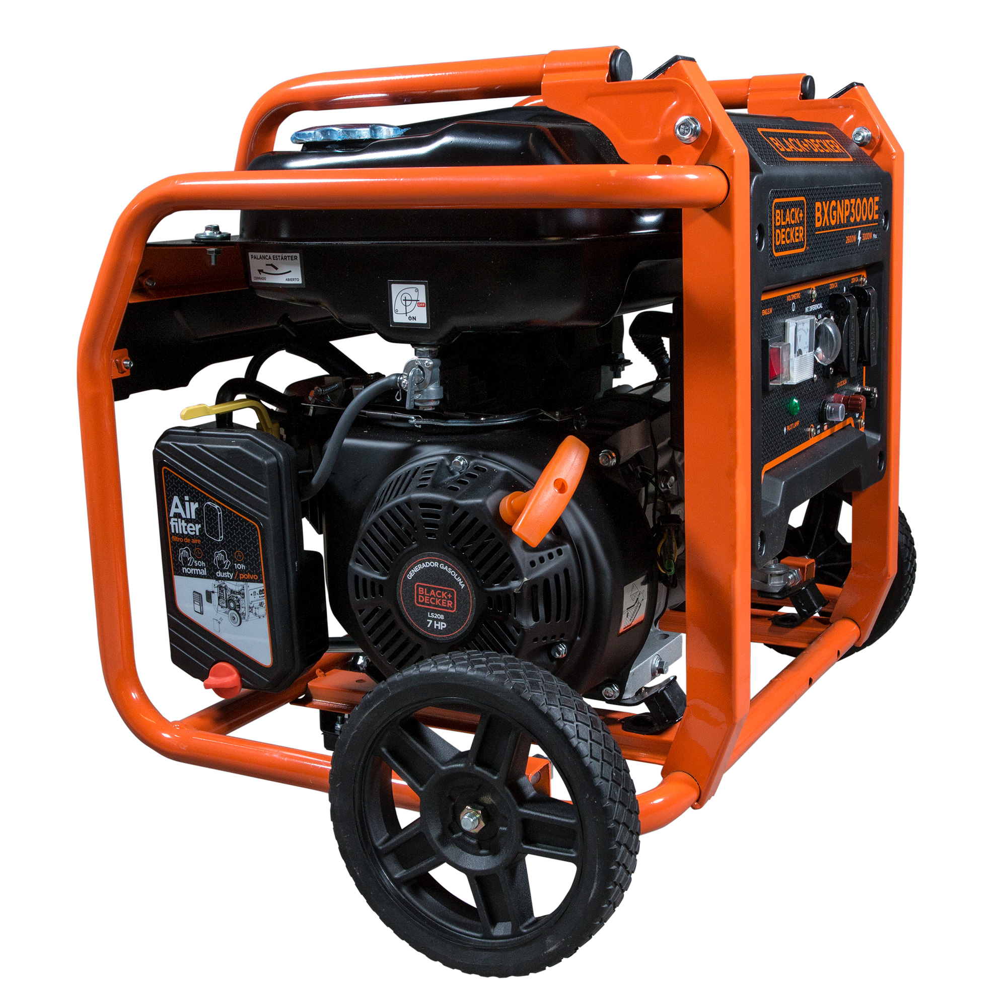 Un generador portátil naranja y negro con ruedas. Tiene un motor negro y el marco es naranja.