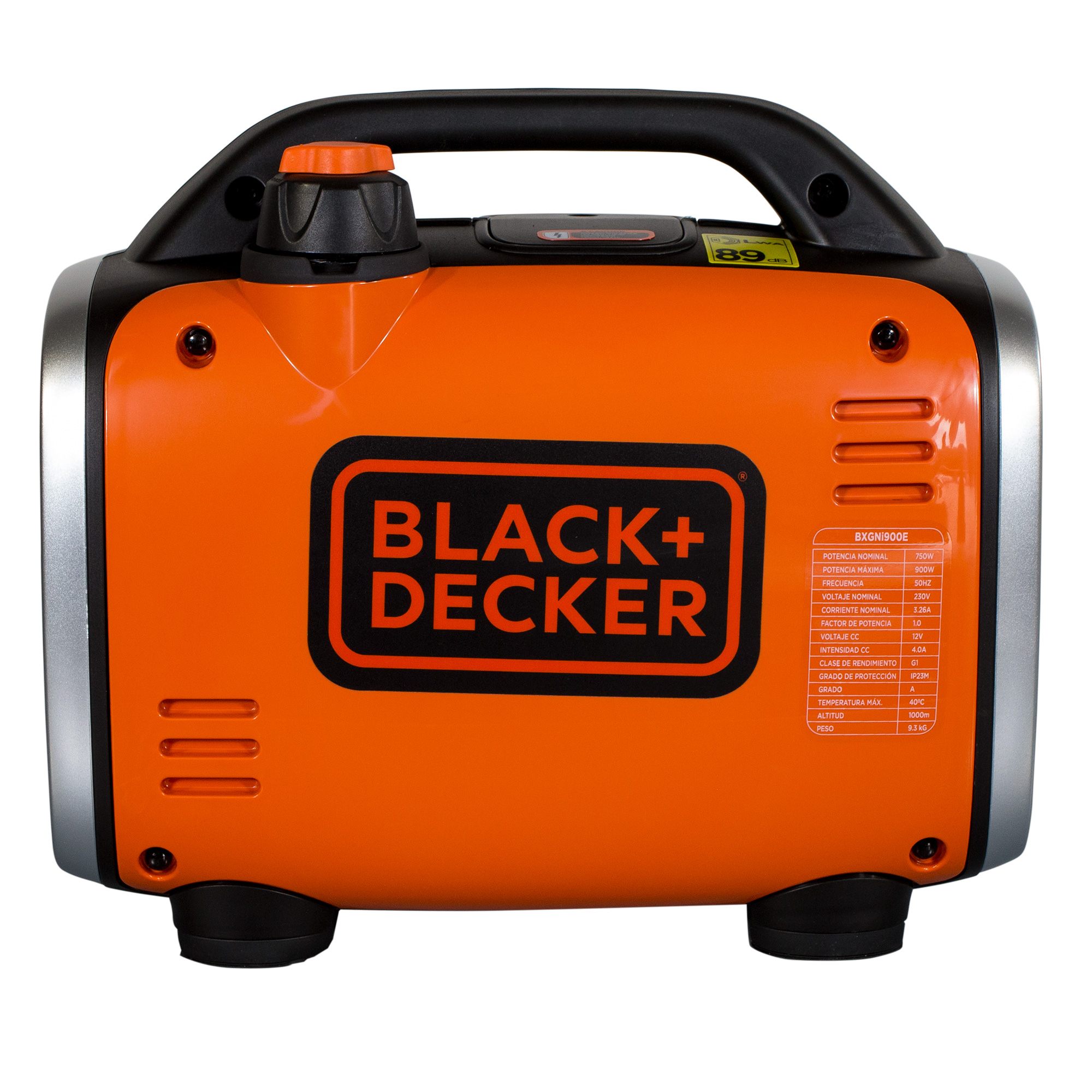 Un generador Black+Decker naranja y negro sobre un fondo blanco. Tiene un asa y un panel de control con especificaciones.