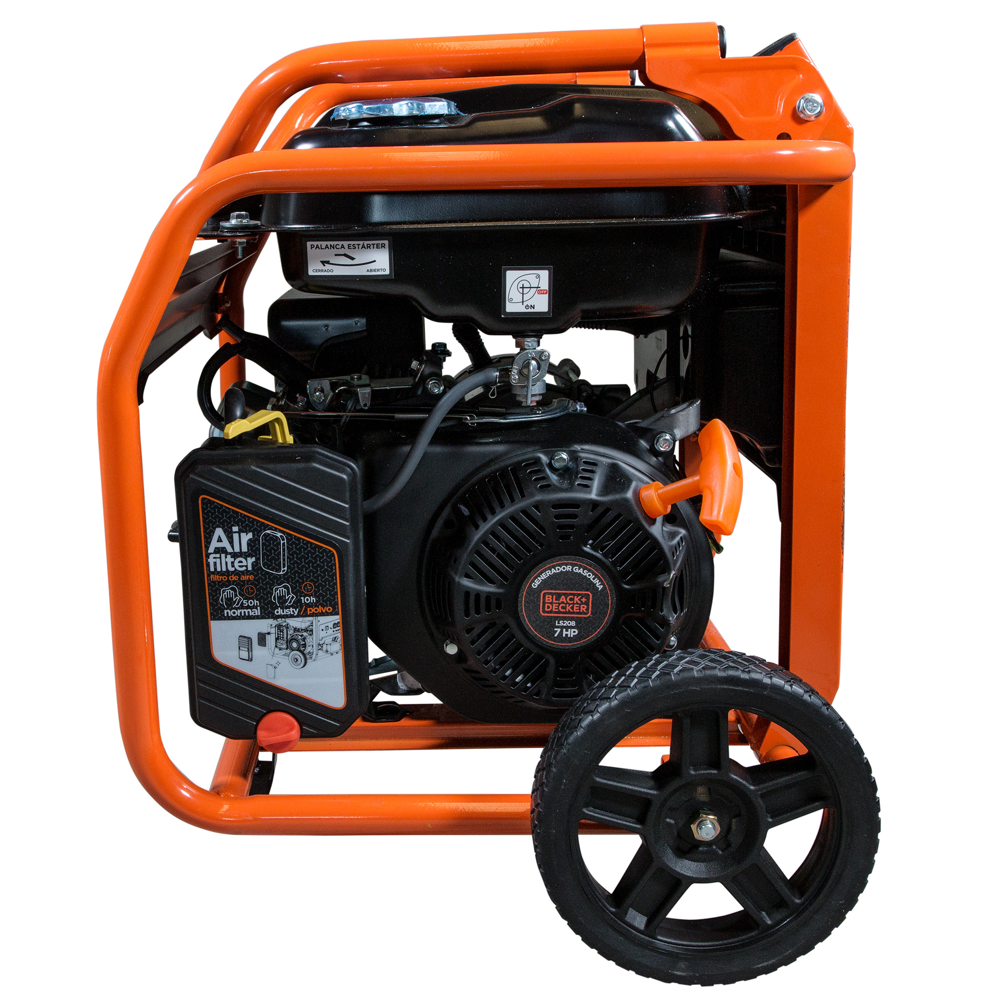 Un generador naranja y negro con una rueda. Tiene un filtro de aire y un motor Black+Decker. El marco es naranja.
