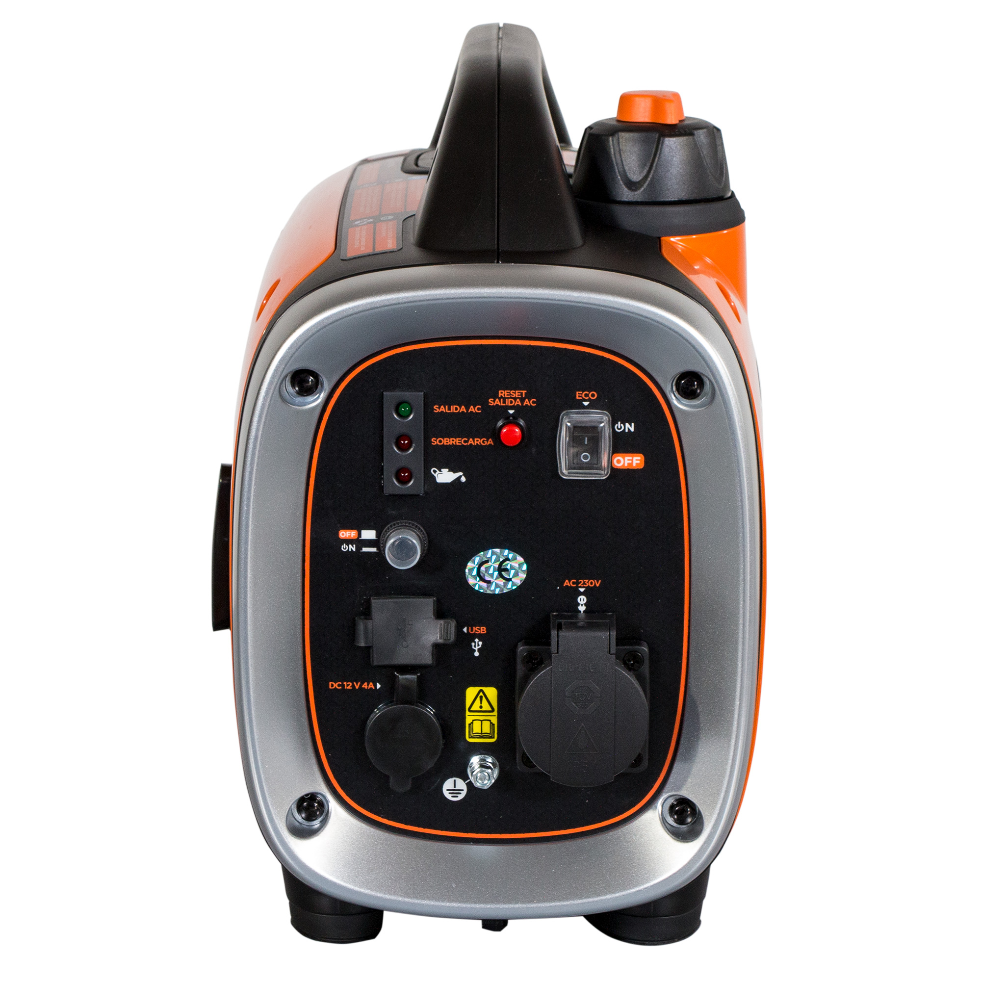 Un generador portátil naranja y negro con varios puertos e indicadores. Incluye asa, tapón de combustible y panel de control.