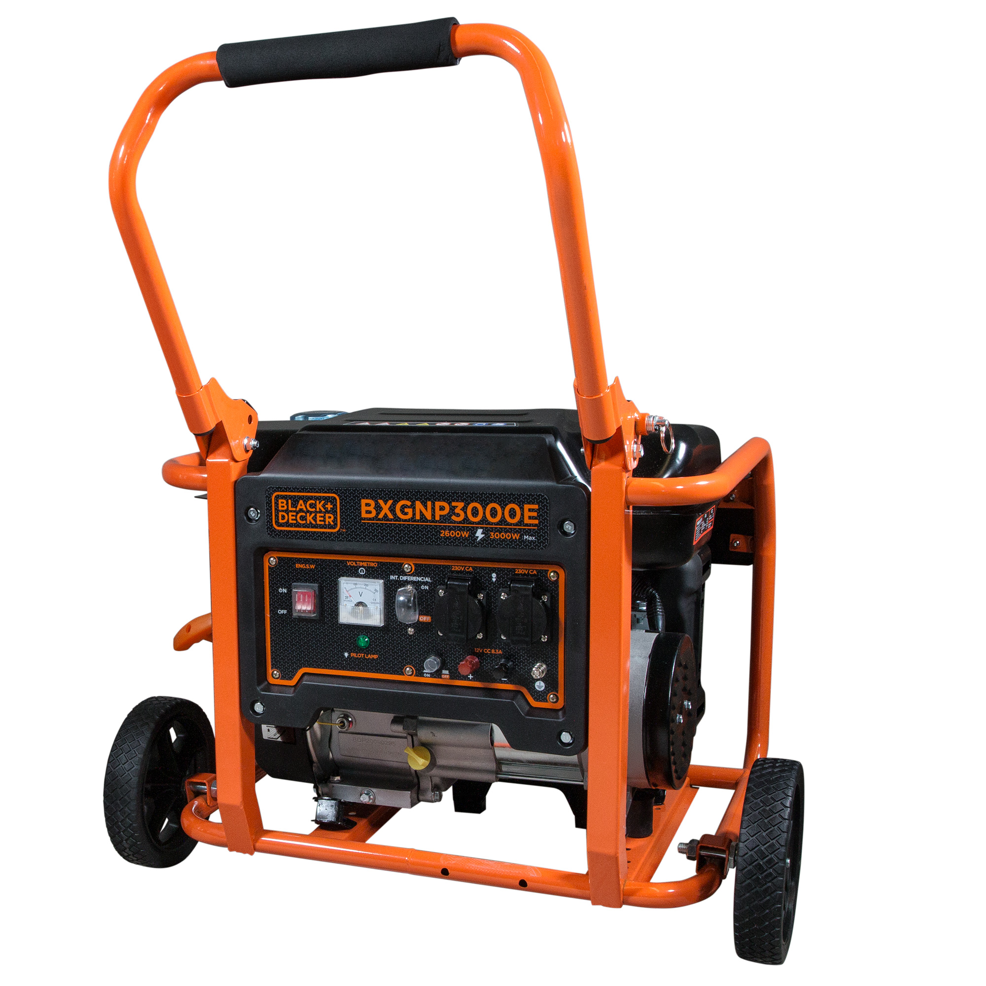 Un generador portátil naranja y negro. Tiene ruedas y un asa para facilitar el transporte, y la marca 'Black+Decker' es visible.