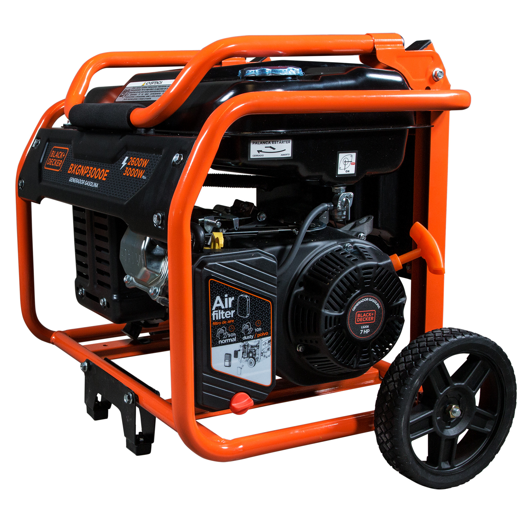 Un generador portátil naranja y negro. Tiene un motor negro, un marco naranja y ruedas.