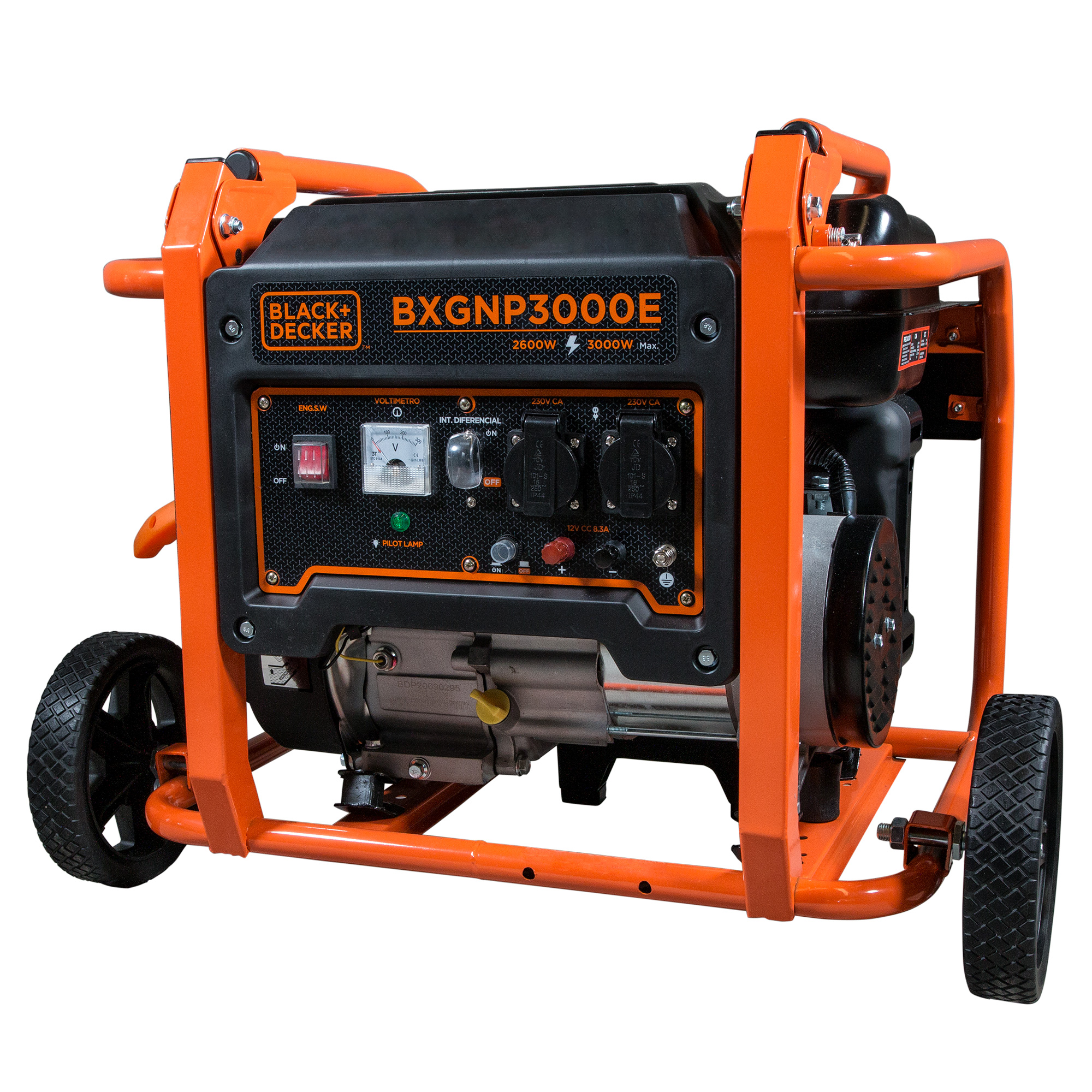 Un generador Black+Decker BXGNP3000E naranja y negro. Tiene ruedas y un panel de control con enchufes e indicadores.