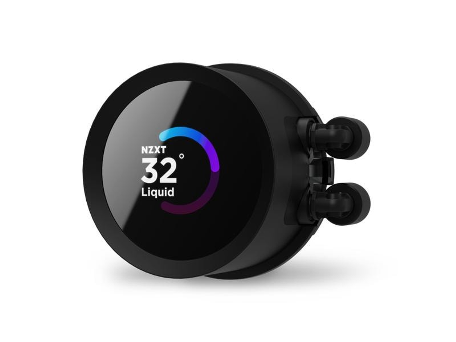 A black NZXT Liquid CPU cooler. The screen displays 32 degrees. The background is plain white.
