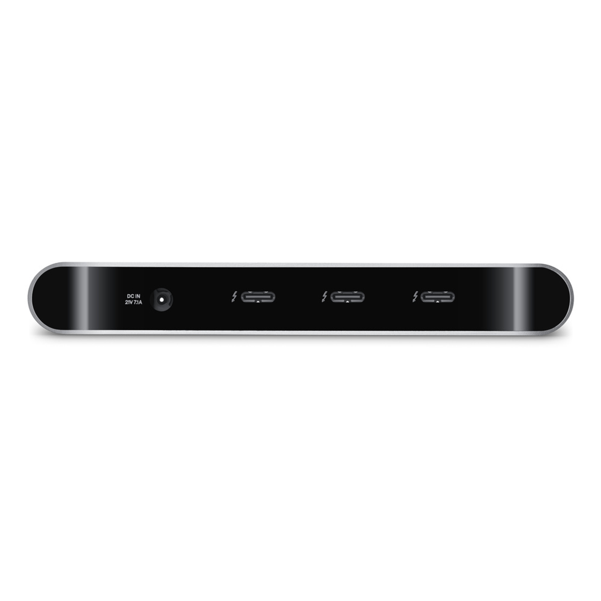 Ein schwarz-silbernes Gerät mit vier USB-C-Anschlüssen, einem DC-Eingang und der Aufschrift DC IN 21V 7.1A.