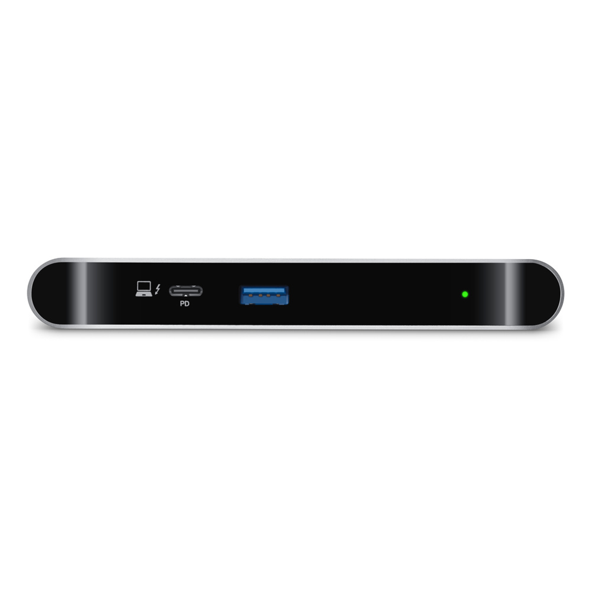 Ein schwarzer und silberner USB-Hub mit grünem Licht, USB-, Thunderbolt- und Stromversorgungsanschlüssen auf weißem Hintergrund.