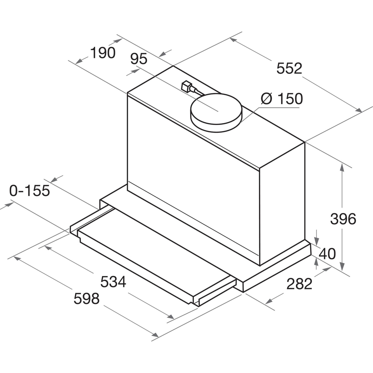 Diagrama isométrico de una campana extractora rectangular con dimensiones en milímetros. Un elemento circular en la parte superior y una placa rectangular debajo.