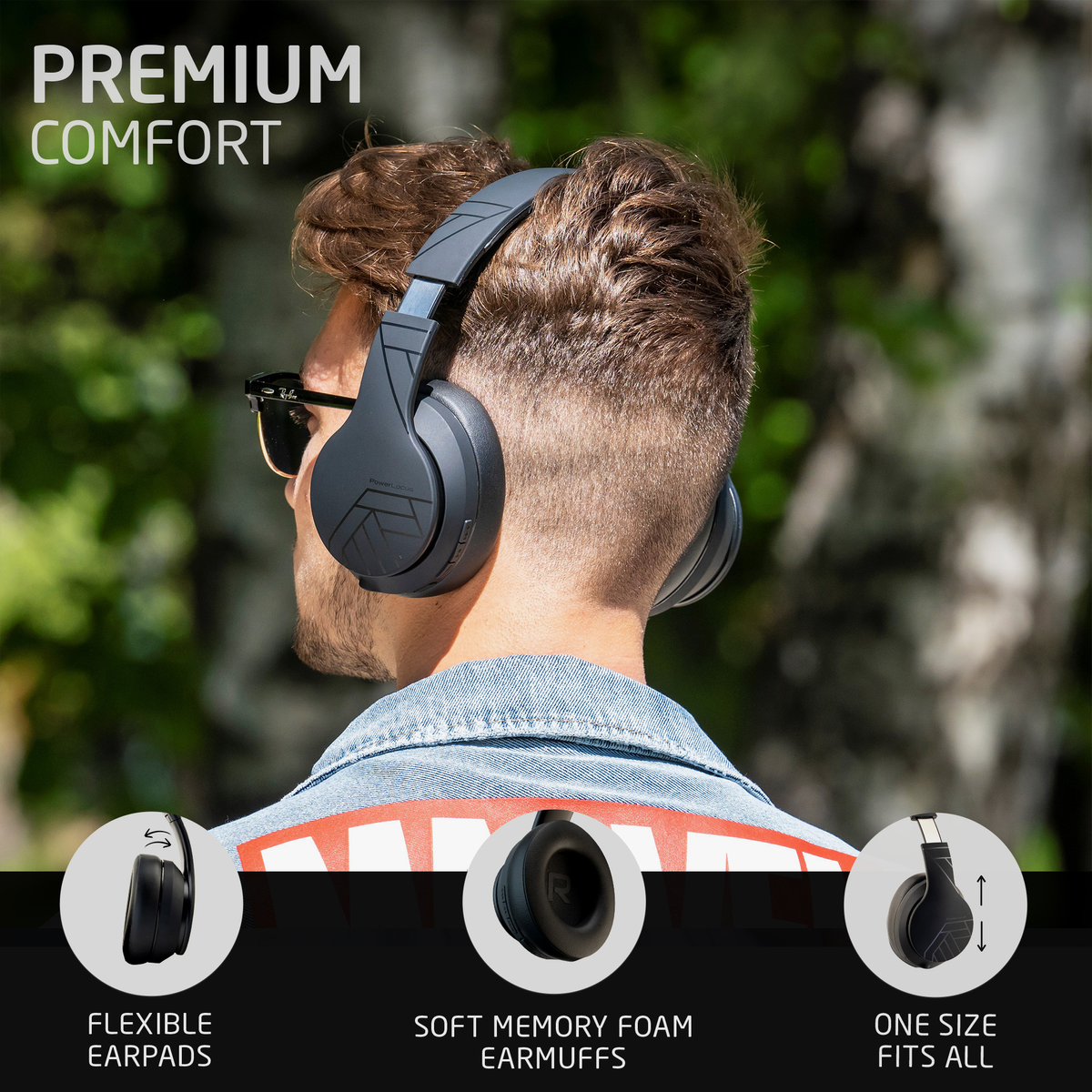 Un hombre con auriculares negros. El texto dice 'Premium Comfort'. La imagen muestra detalles: almohadillas flexibles, orejeras suaves.
