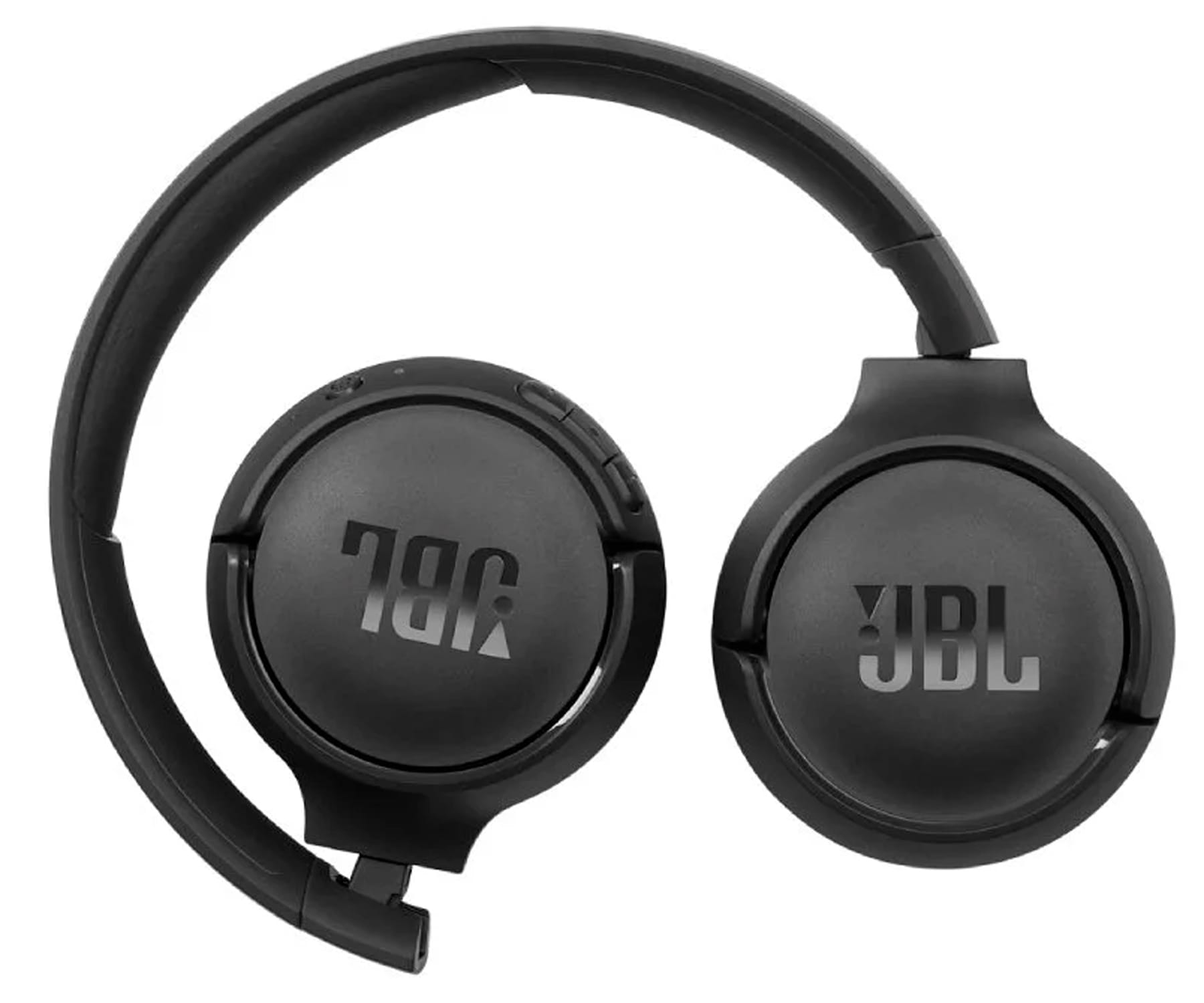 Cuffie JBL nere, piegate. I padiglioni mostrano il logo JBL. L'archetto è curvo in alto. Pulsanti visibili.