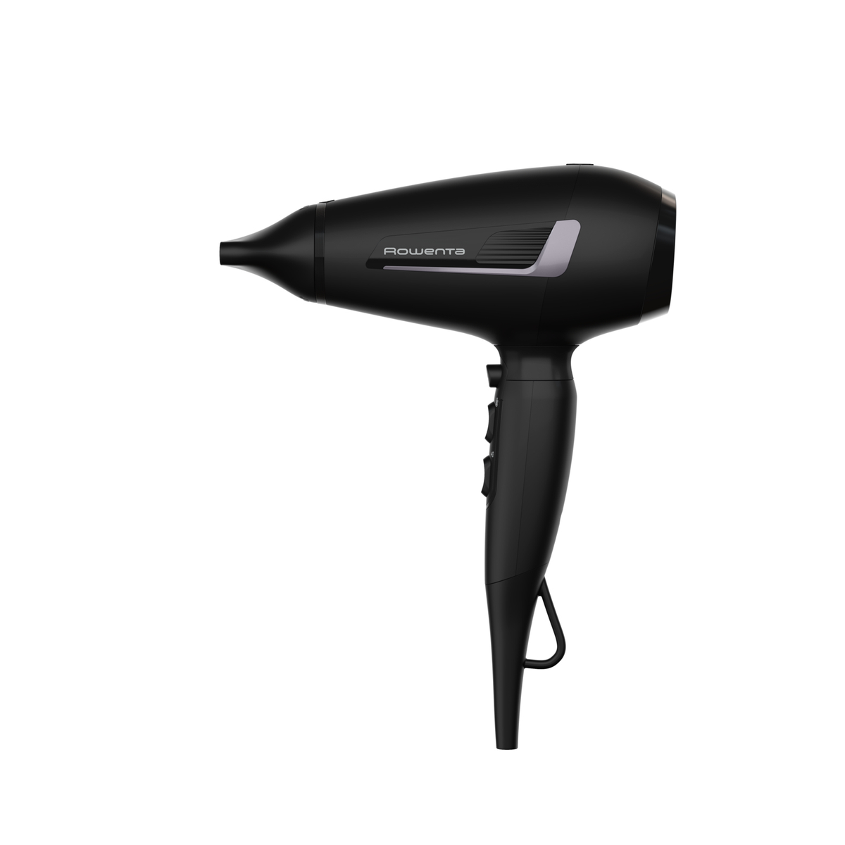 Czarna suszarka do włosów z marką "Rowenta" na białym tle. Ma uchwyt i kilka przycisków.