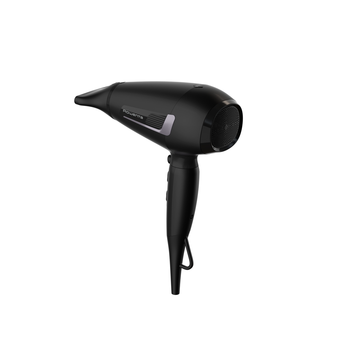 Czarna suszarka do włosów na białym tle. Suszarka ma dyszę, uchwyt i przyciski.