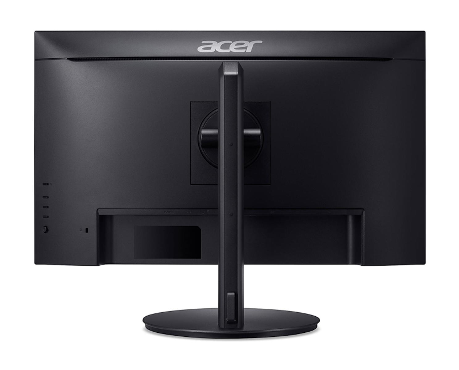 Widok z tyłu czarnego monitora Acer. Ma podstawkę pośrodku i logo Acer u góry. Porty po lewej stronie.