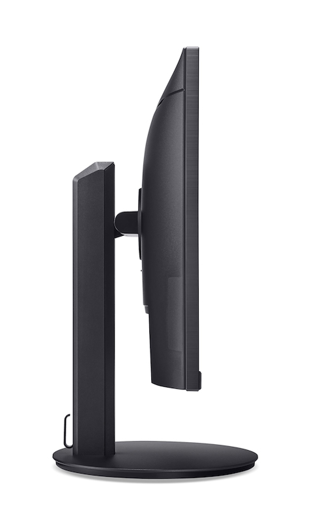 Widok z boku czarnego monitora komputera. Jest na stojaku, z płaską podstawą i pionowym wspornikiem. Białe tło.