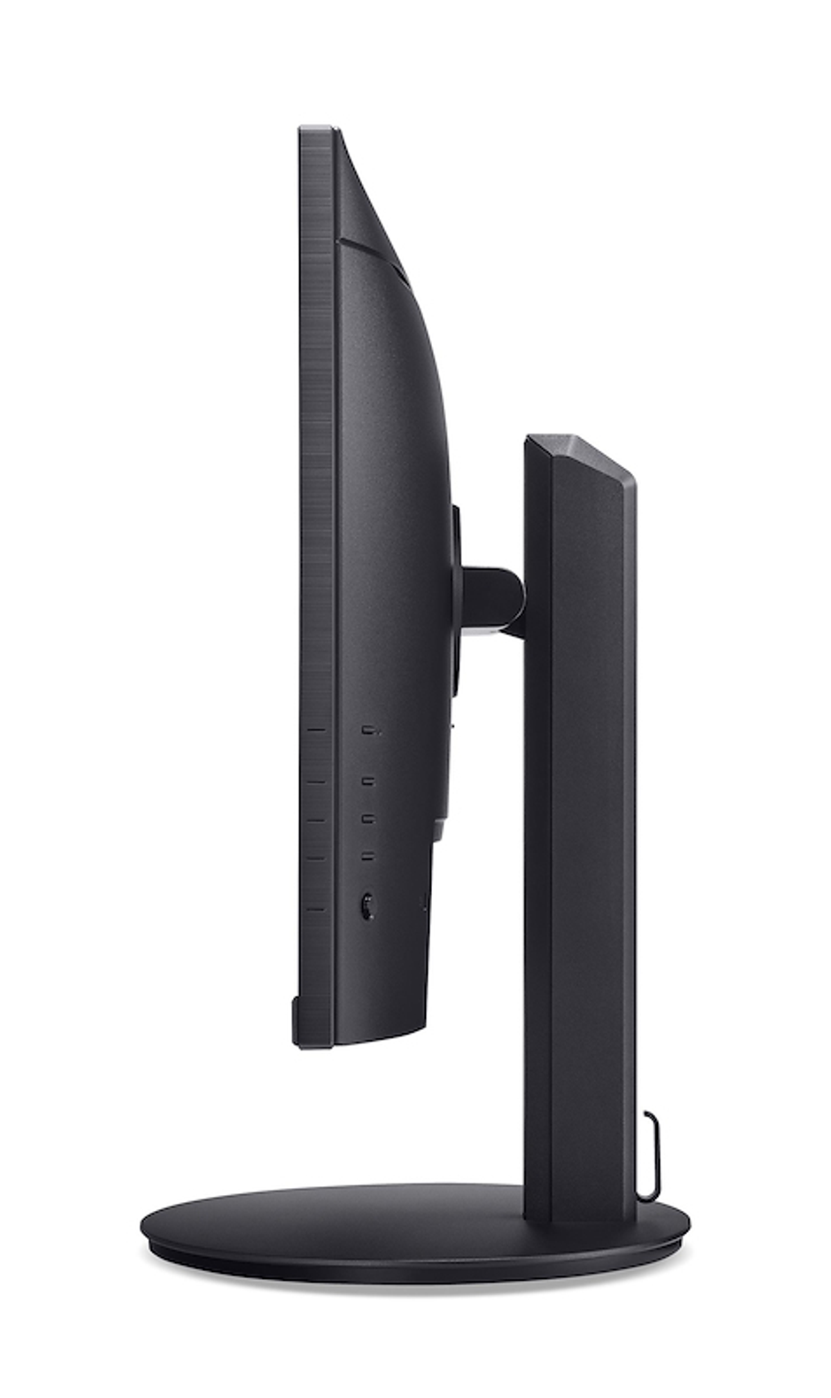 Widok z boku czarnego monitora komputera. Posiada podstawkę, przyciski i porty. Tło jest białe.