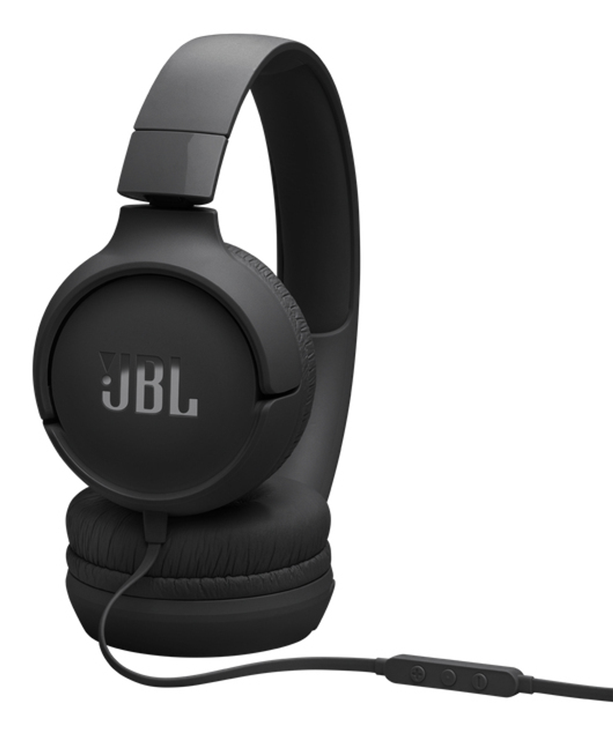 Cuffie JBL nere su sfondo bianco. Le cuffie sono over-ear con cavo di collegamento e controllo del volume.