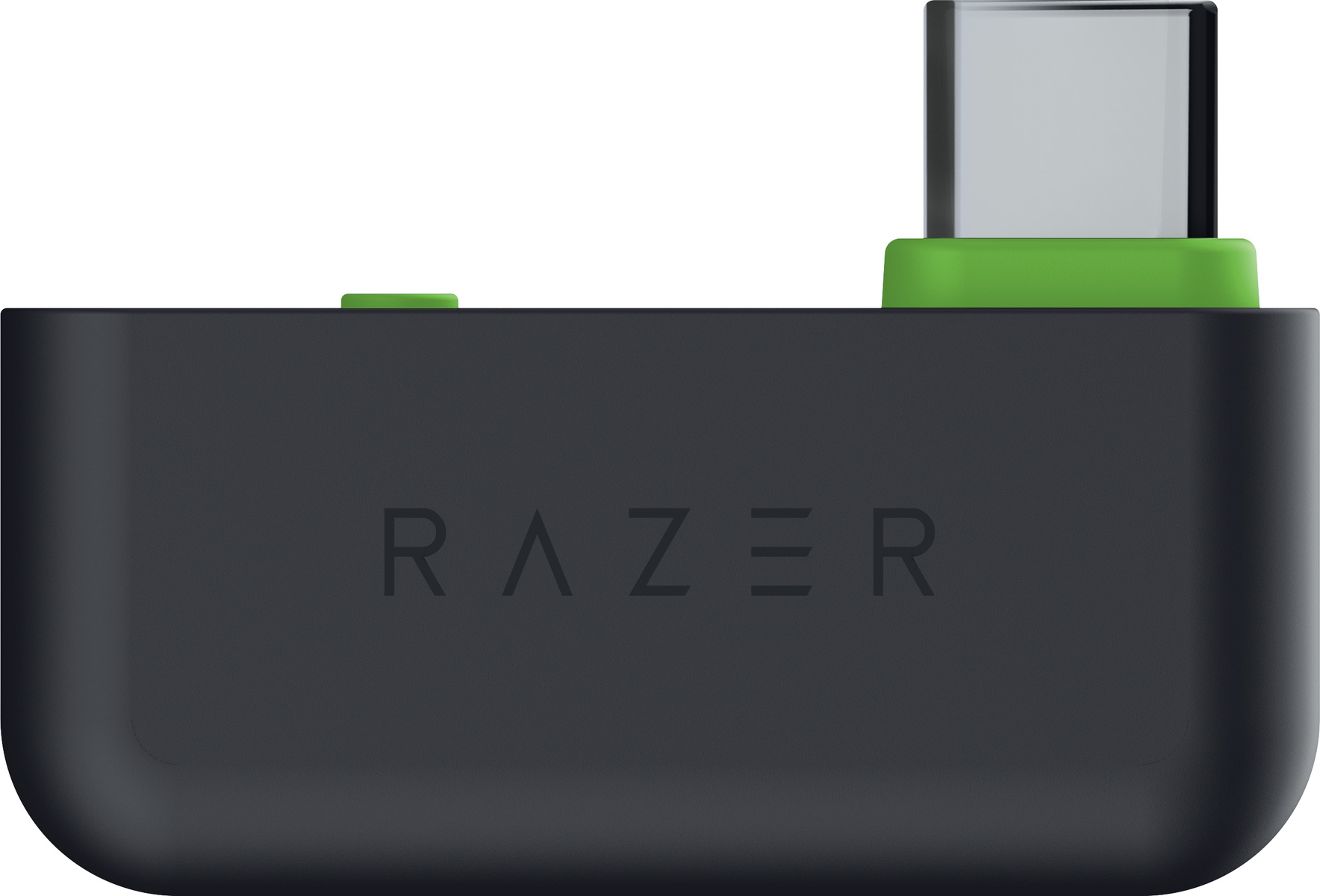 Czarny dongle Razer z zielonym akcentem i złączem USB-C. Logo Razer znajduje się z przodu.