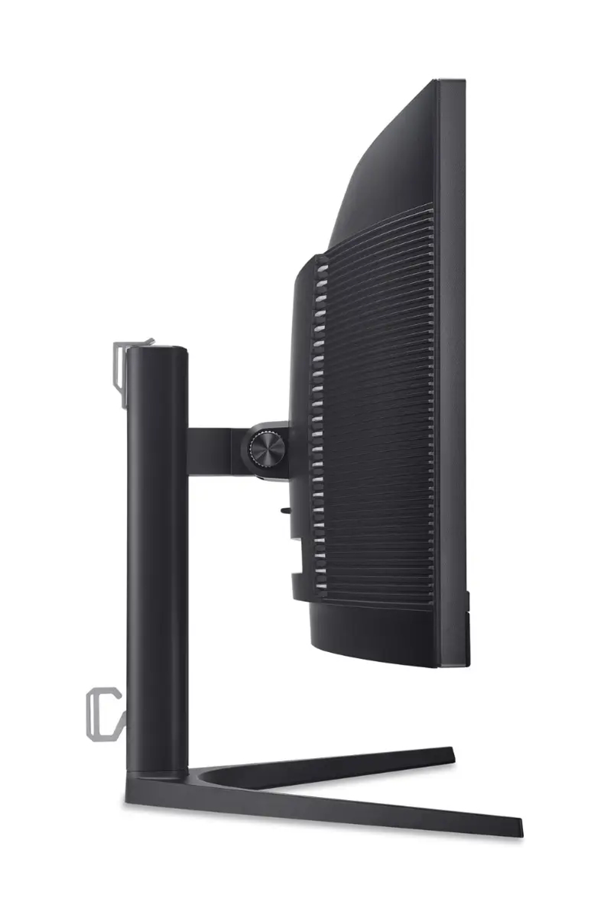 Widok z boku czarnego monitora komputera ze stojakiem. Tył monitora ma teksturowany wzór. Stojak jest również czarny.