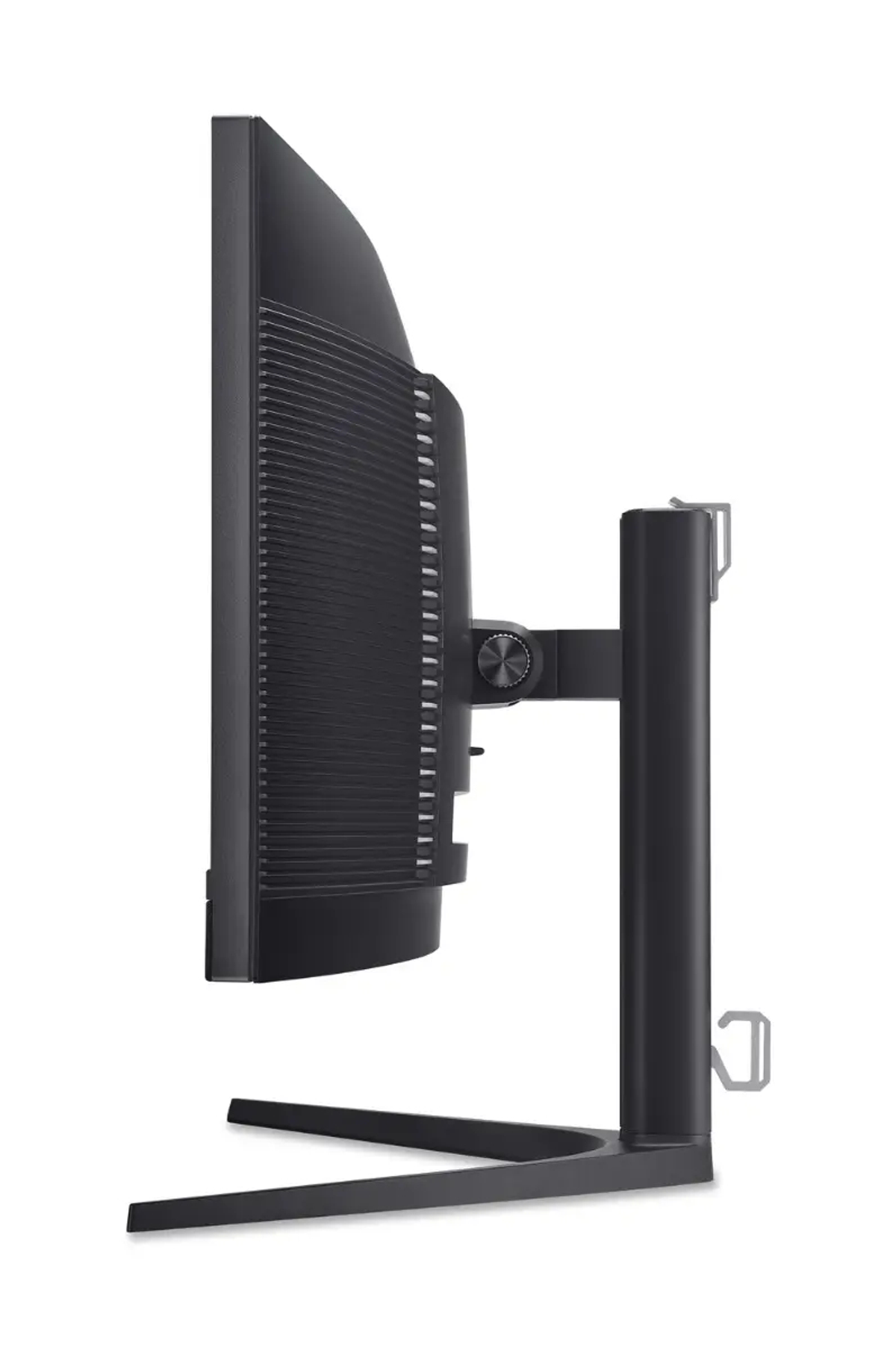 Widok z boku czarnego monitora komputerowego. Ma zakrzywiony ekran, podstawę i okrągłe pokrętło regulacji.