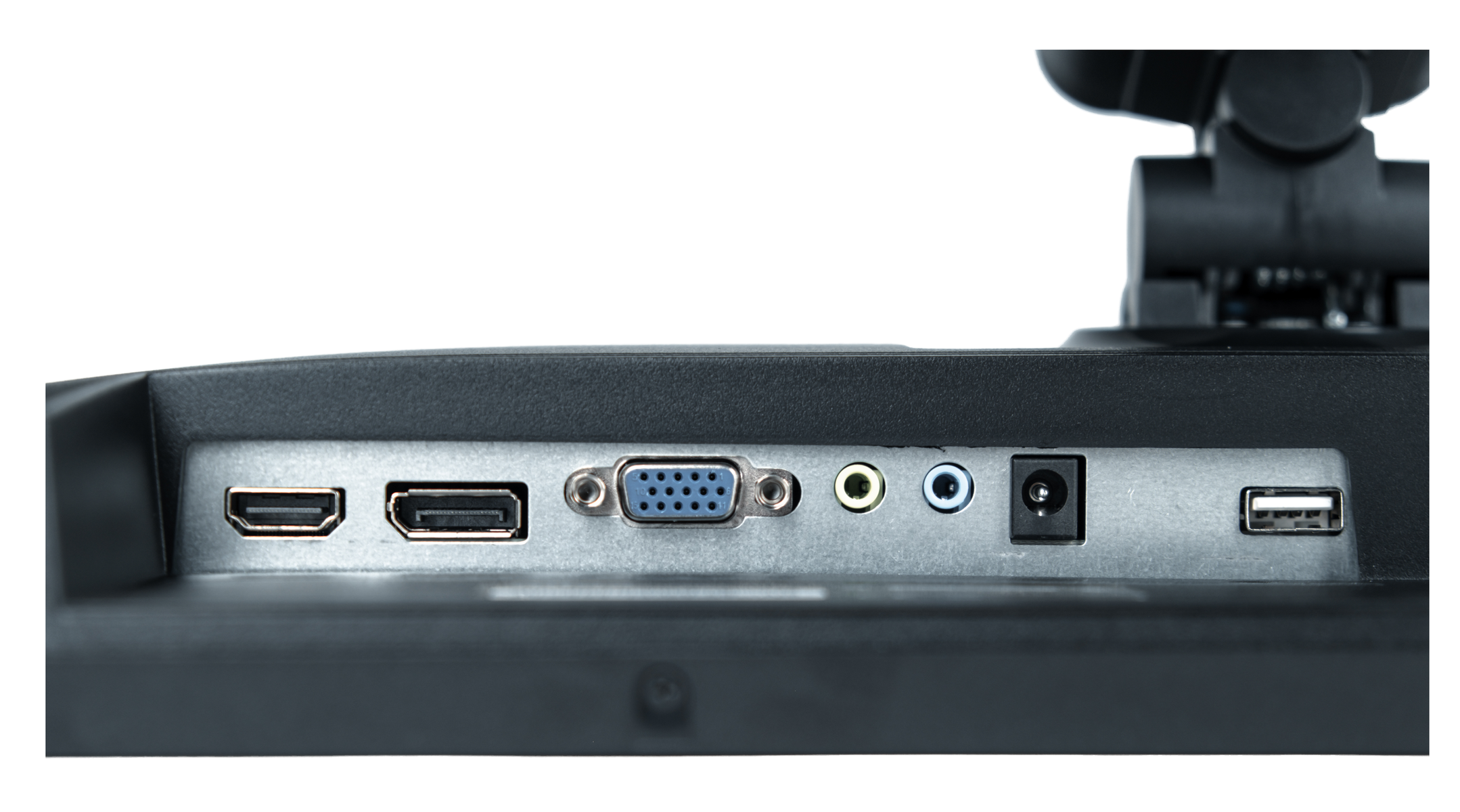 Nahaufnahme der Rückseite eines Monitors mit verschiedenen Anschlüssen: HDMI, VGA, Audiobuchsen, Strom und USB. Ein schwarzer Ständer ist sichtbar.