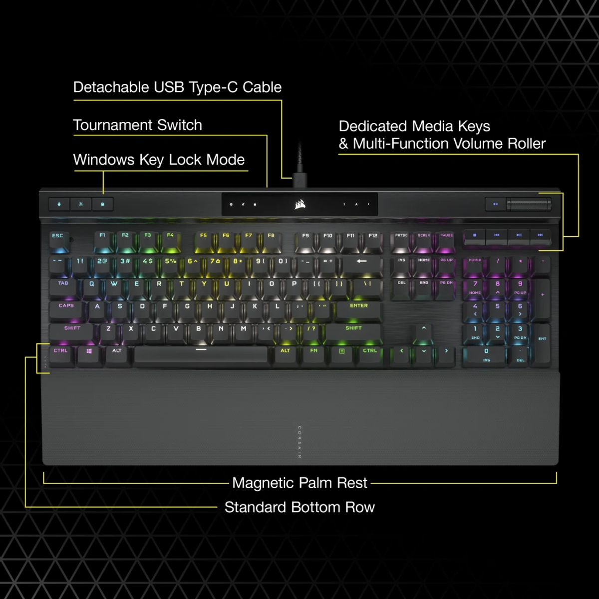 Un teclado Corsair negro con cable USB-C desmontable, teclas multimedia y reposamuñecas magnético. Las teclas están retroiluminadas.