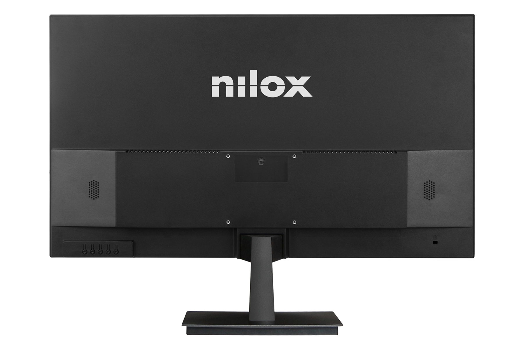 Retro di un monitor Nilox nero. Ha il marchio e un supporto. Sono visibili diverse porte e fori di ventilazione.
