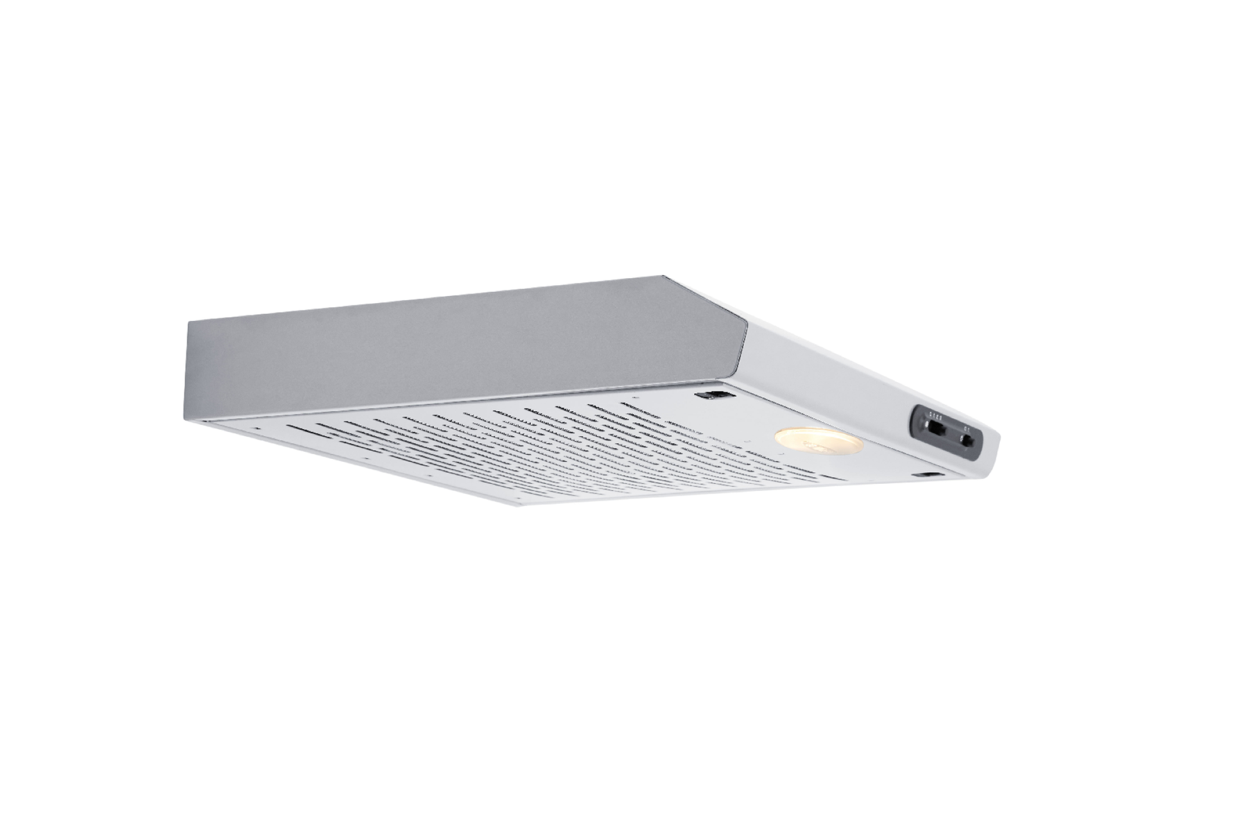 A white and gray range hood is angled slightly upwards. It has a light and control buttons on the right side. Background is white.