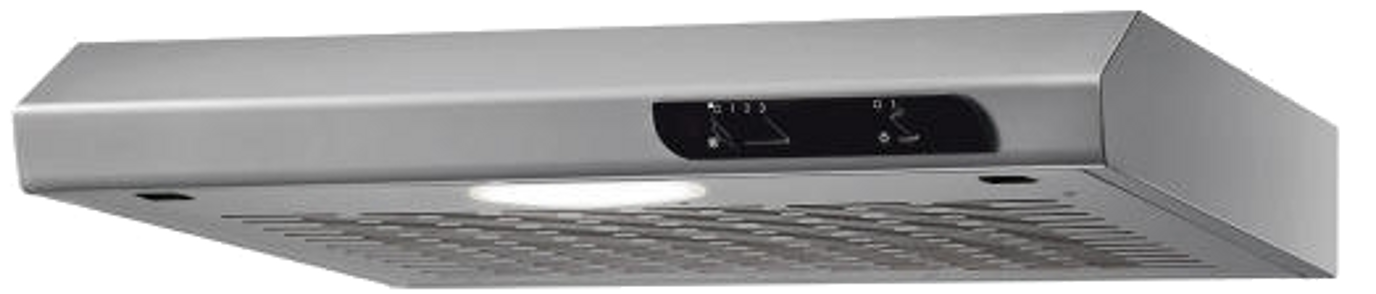 A stainless steel range hood. It has a control panel with buttons and a light. The grill is at the bottom.