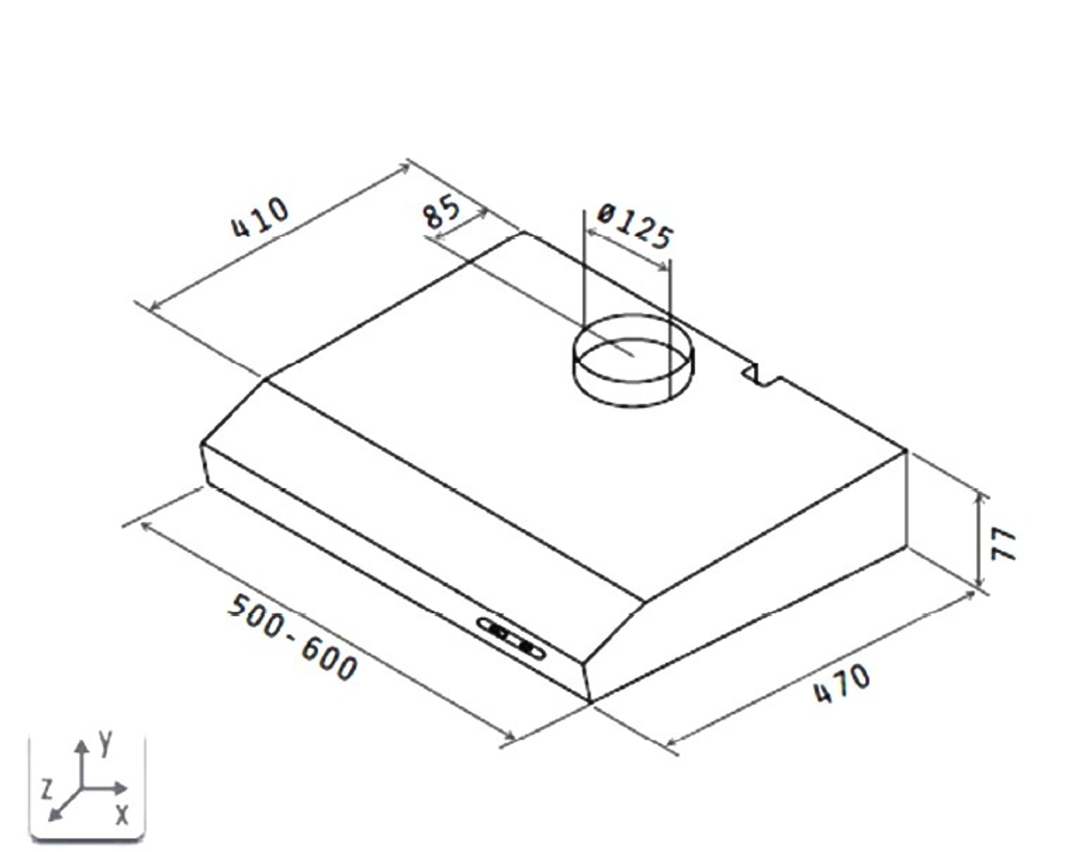 Isometric view of a range hood with dimensions. The hood has a rectangular shape with a circular vent. Dimensions are in millimeters.