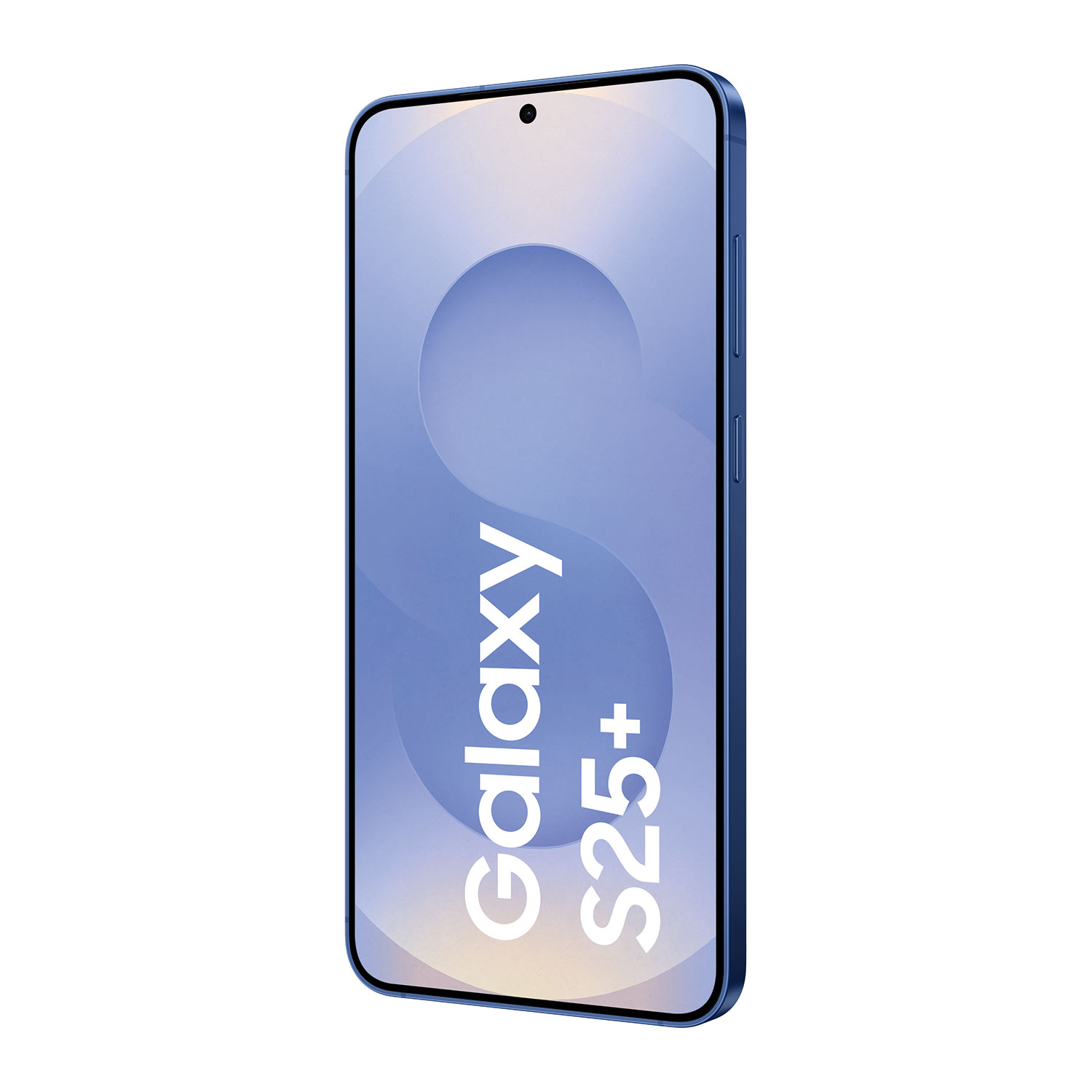 Niebieski smartfon z zakrzywionym ekranem wyświetla białe słowa Galaxy S25+. Ma mały aparat u góry.